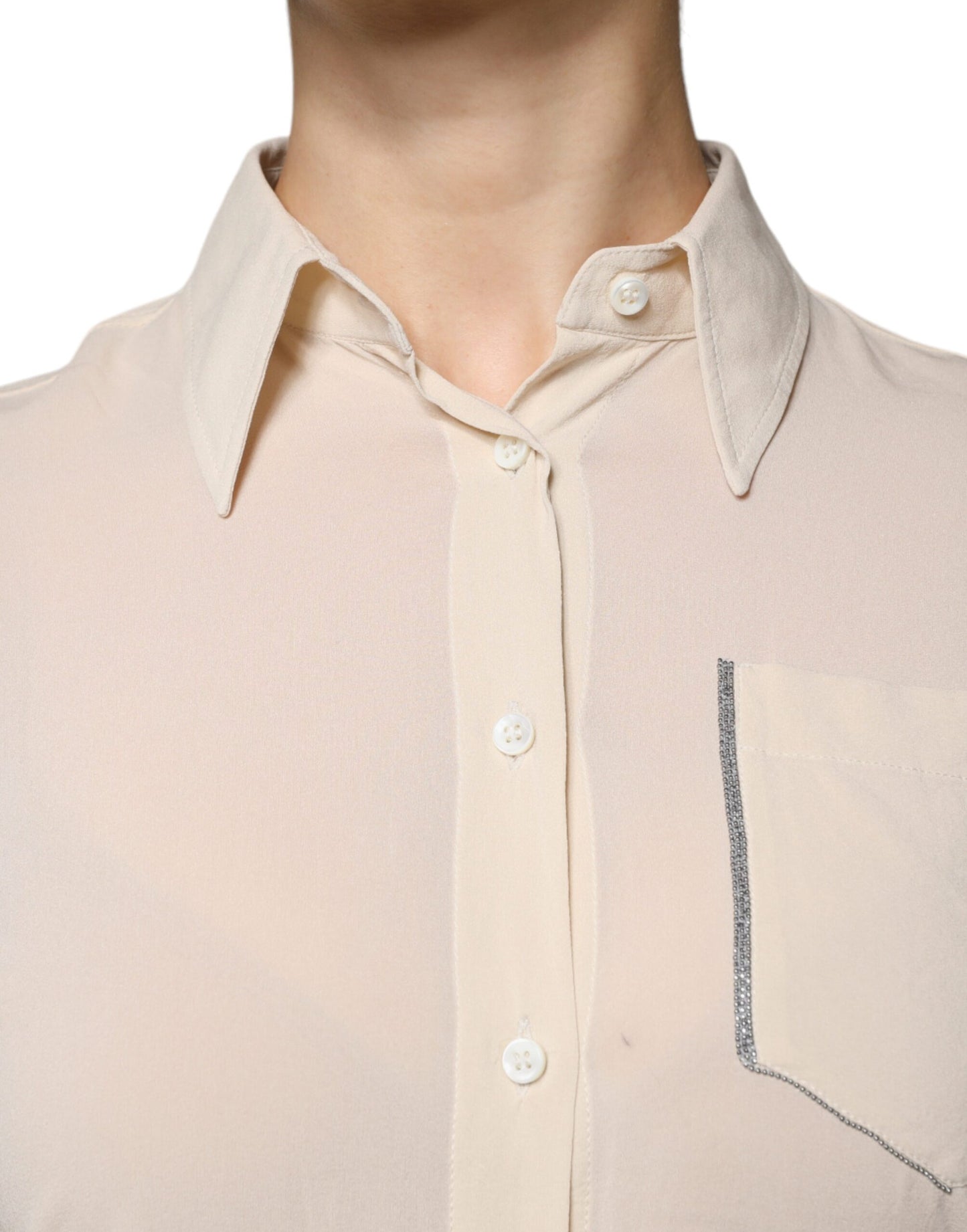 Brunello Cucinelli Beige Silk Blend Collared Button Down Top IT38 | XS