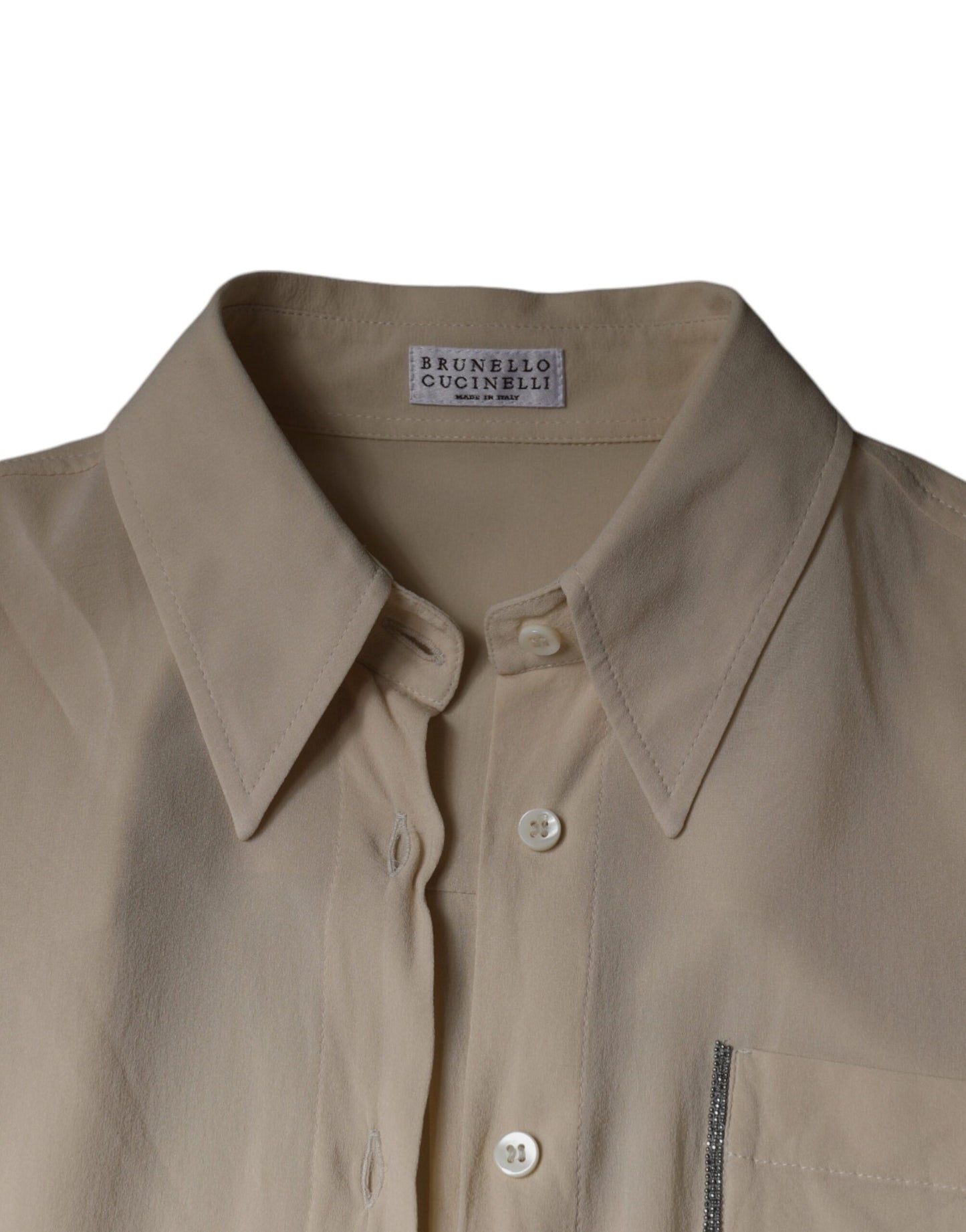 Brunello Cucinelli Beige Silk Blend Collared Button Down Top IT38 | XS