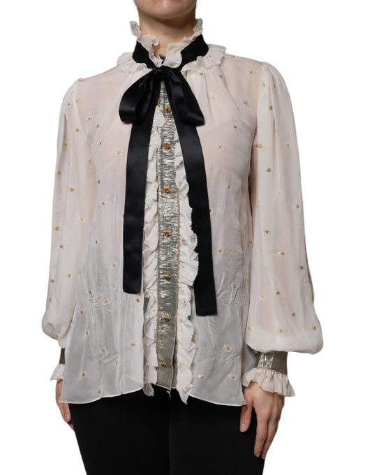 Dolce & Gabbana Off White Silk Blend Ascot Collar Blouse Top IT40 | S