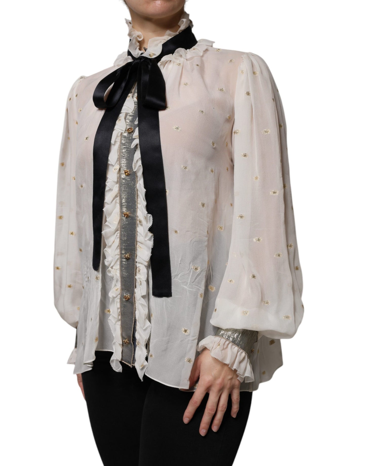 Dolce & Gabbana Off White Silk Blend Ascot Collar Blouse Top IT40 | S