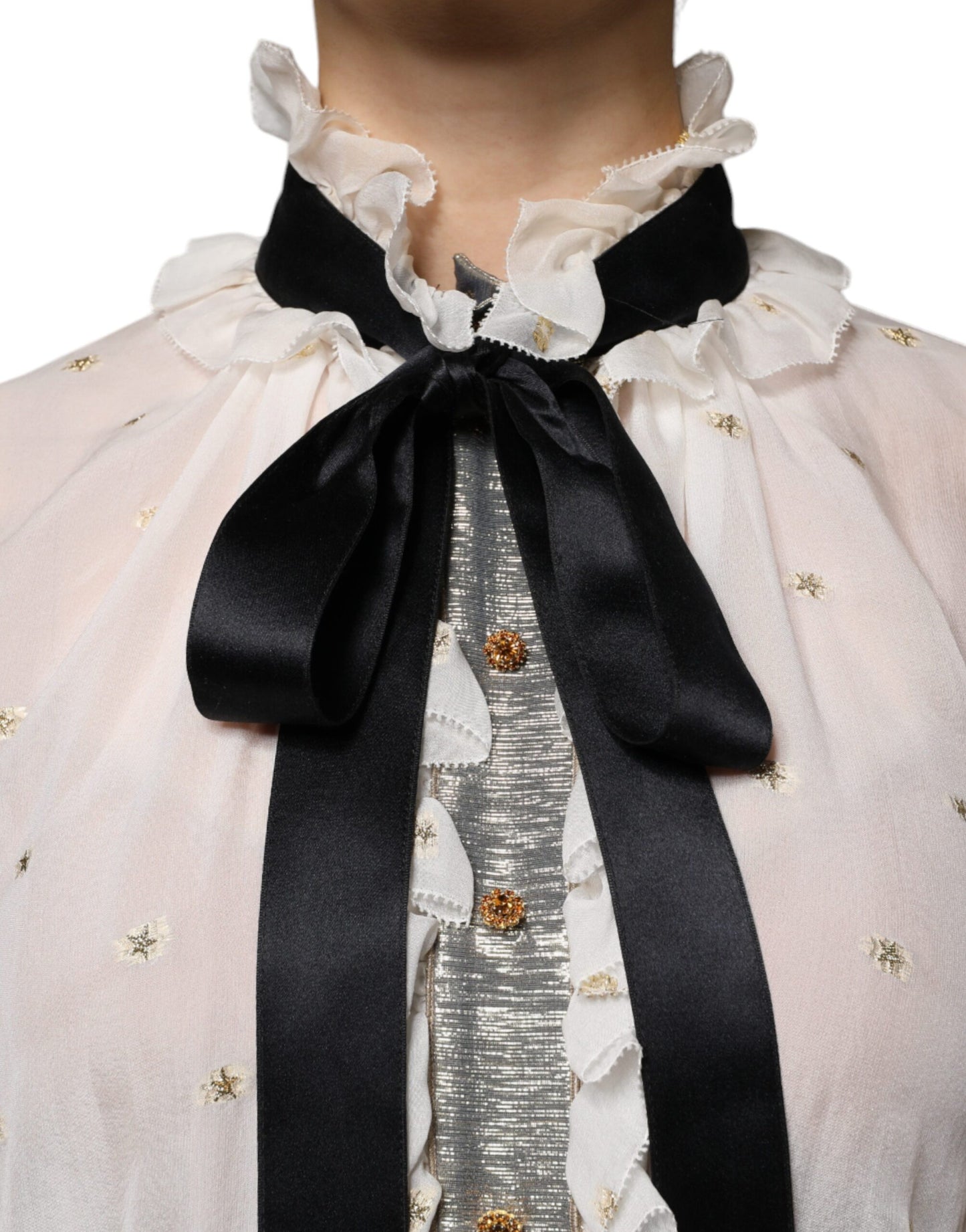 Dolce & Gabbana Off White Silk Blend Ascot Collar Blouse Top IT40 | S