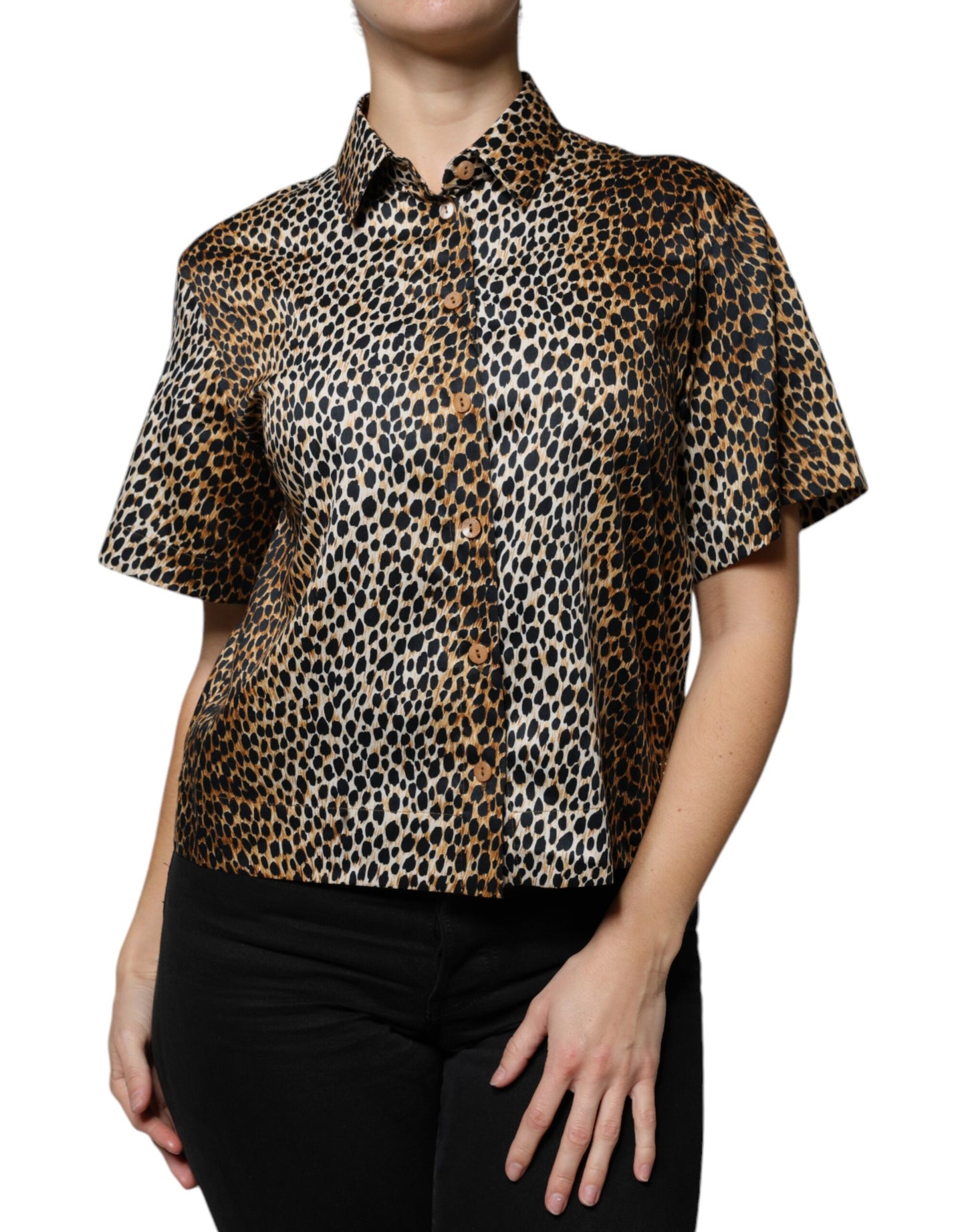 Dolce & Gabbana Brown Leopard Print Short Sleeves Blouse Top IT42 / M