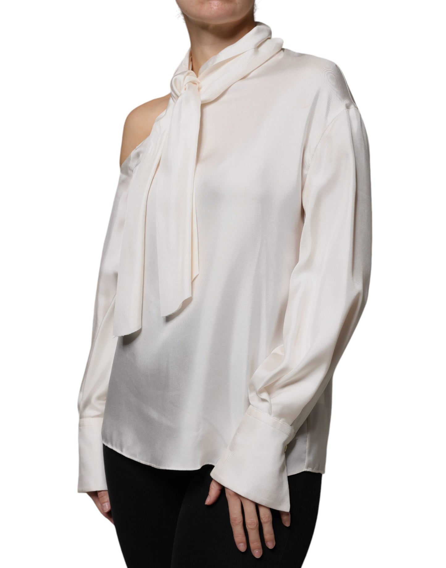 Brunello Cucinelli Beige Silk Ascot Collared Long Sleeves Top IT40 | S