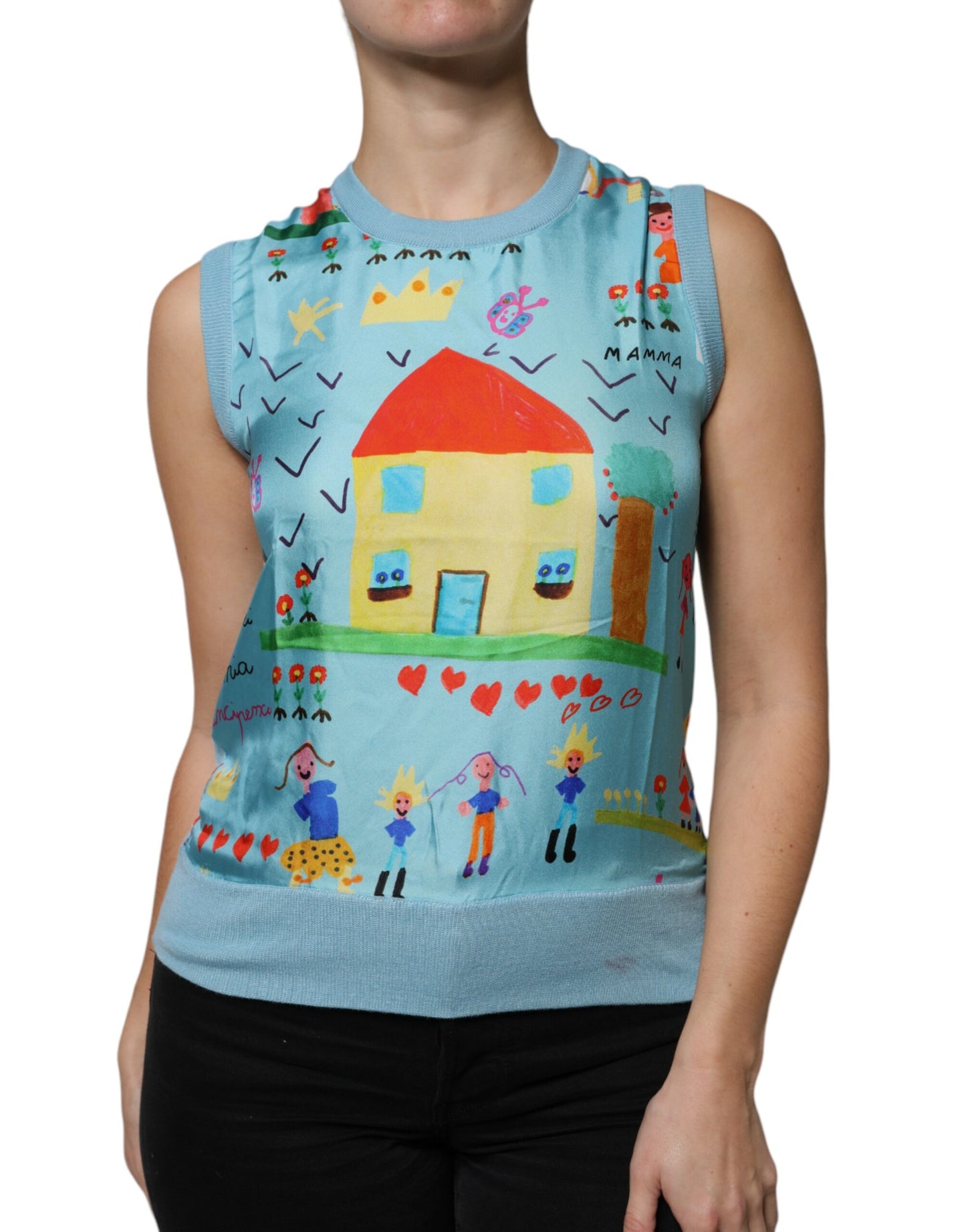 Dolce & Gabbana Blue Drawing Cashmere Sleeveless Tank Top IT38 / XS