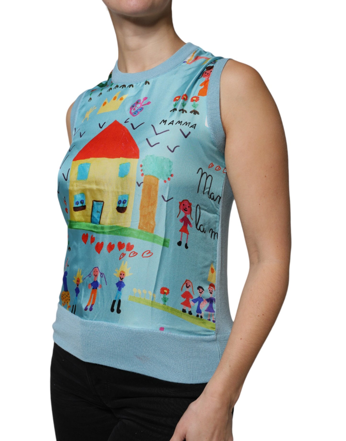 Dolce & Gabbana Blue Drawing Cashmere Sleeveless Tank Top IT38 / XS