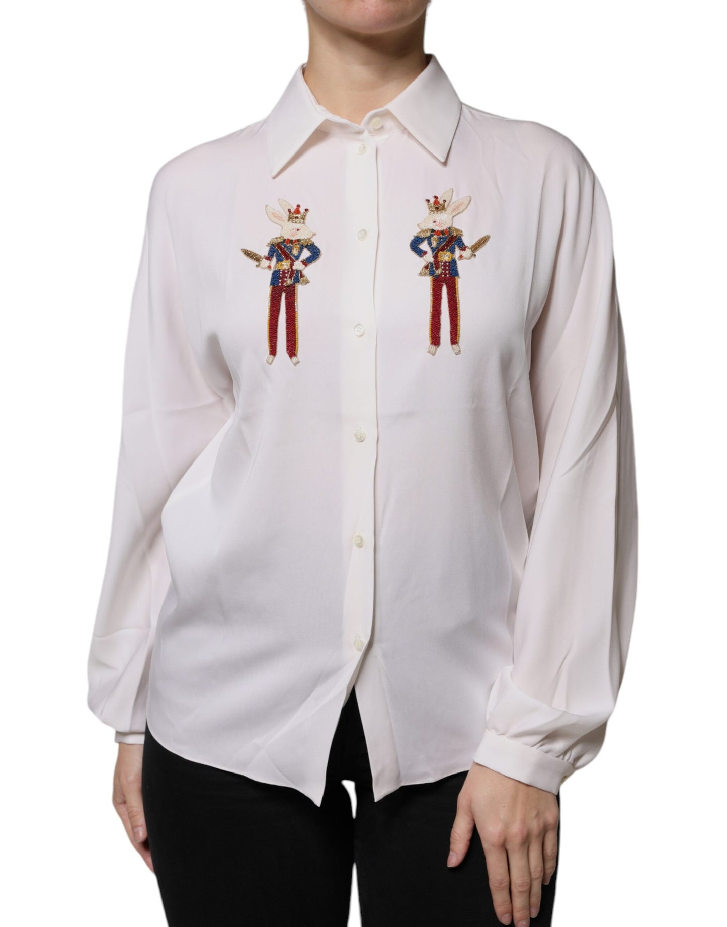 Dolce & Gabbana White Rabbit Patch Silk Collared Blouse Top IT38 / XS