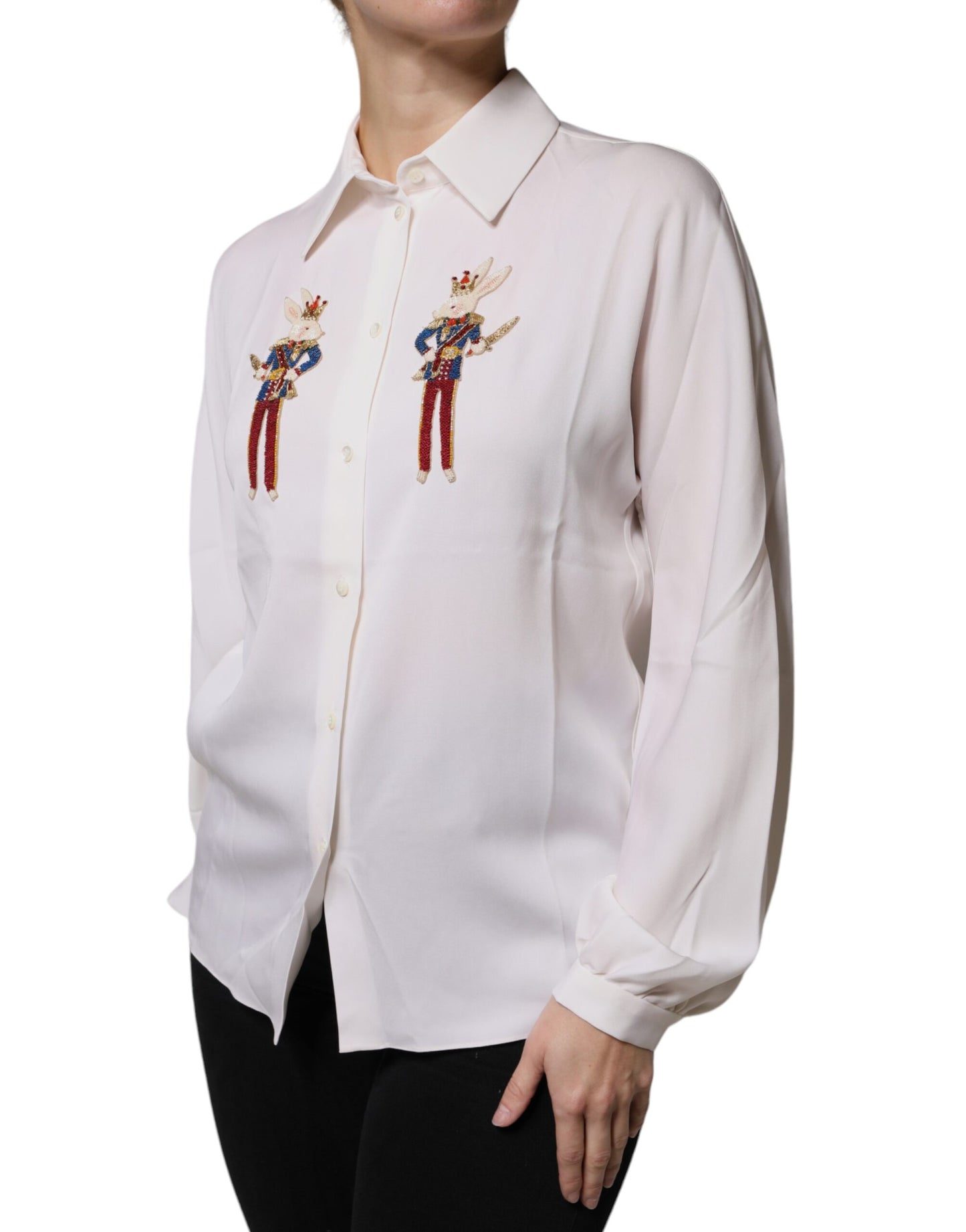 Dolce & Gabbana White Rabbit Patch Silk Collared Blouse Top IT38 / XS