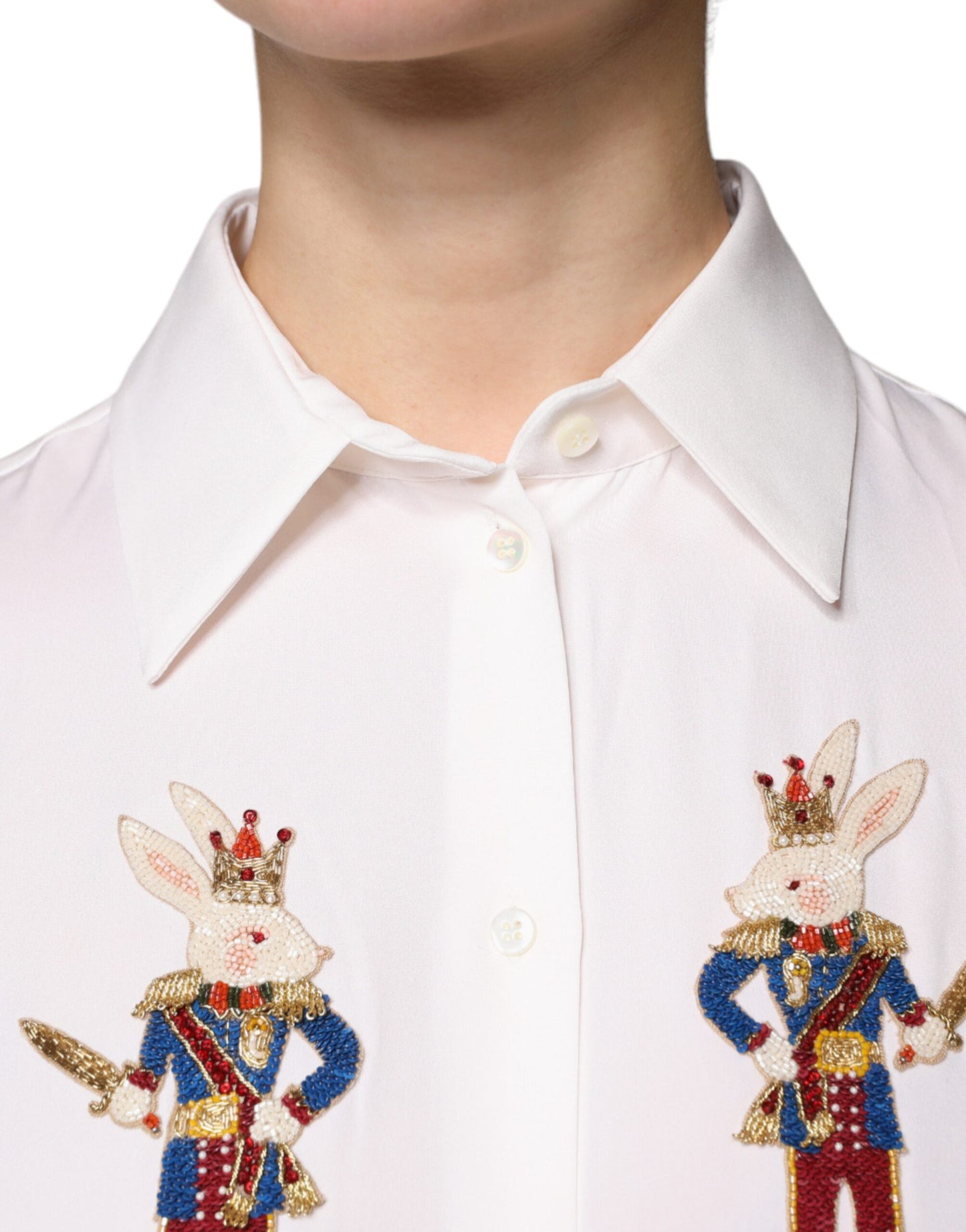 Dolce & Gabbana White Rabbit Patch Silk Collared Blouse Top IT38 / XS