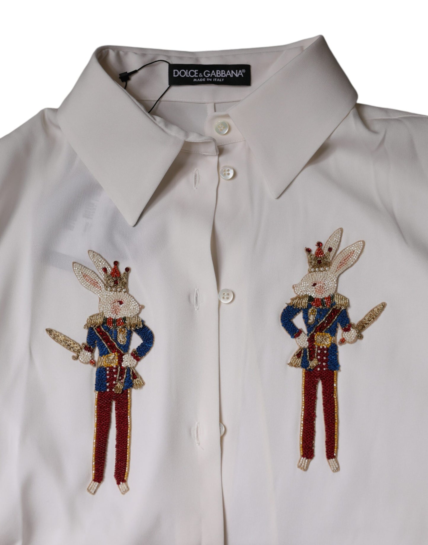 Dolce & Gabbana White Rabbit Patch Silk Collared Blouse Top IT38 / XS