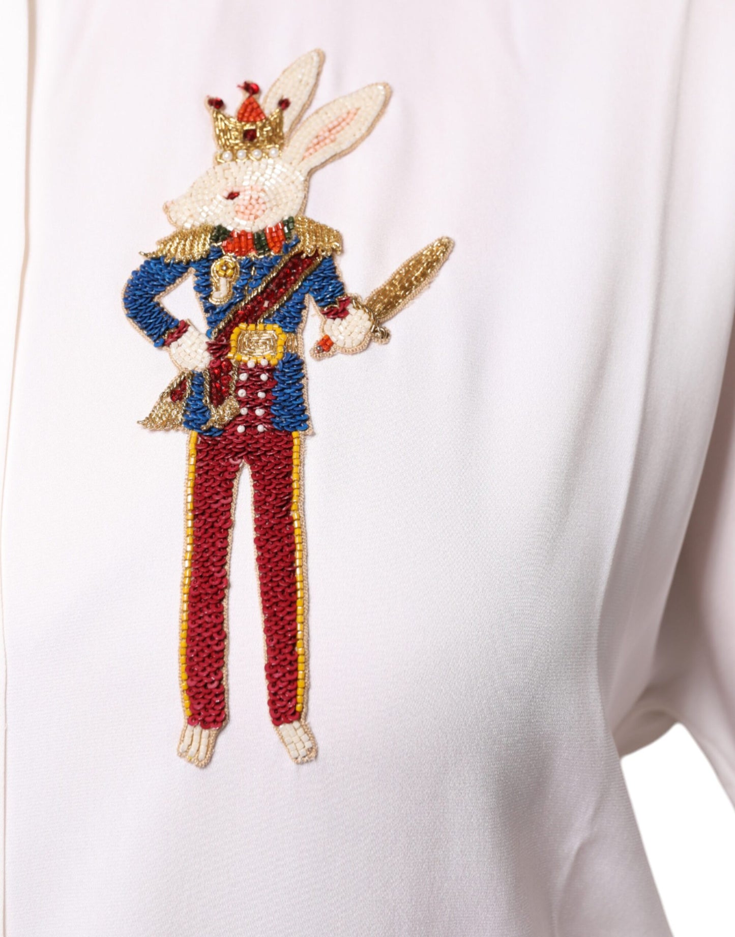 Dolce & Gabbana White Rabbit Patch Silk Collared Blouse Top IT38 / XS