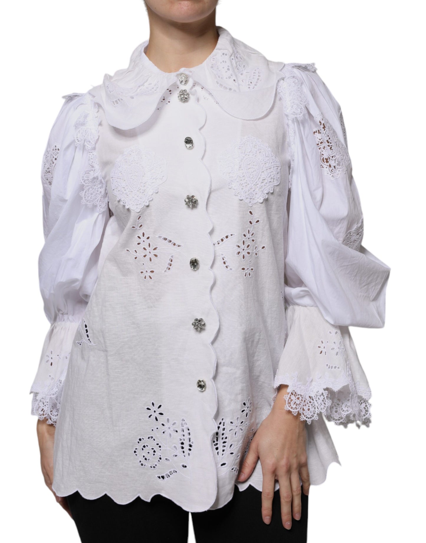 Dolce & Gabbana White Cotton Lace Trim Collared Blouse Top IT40 | S