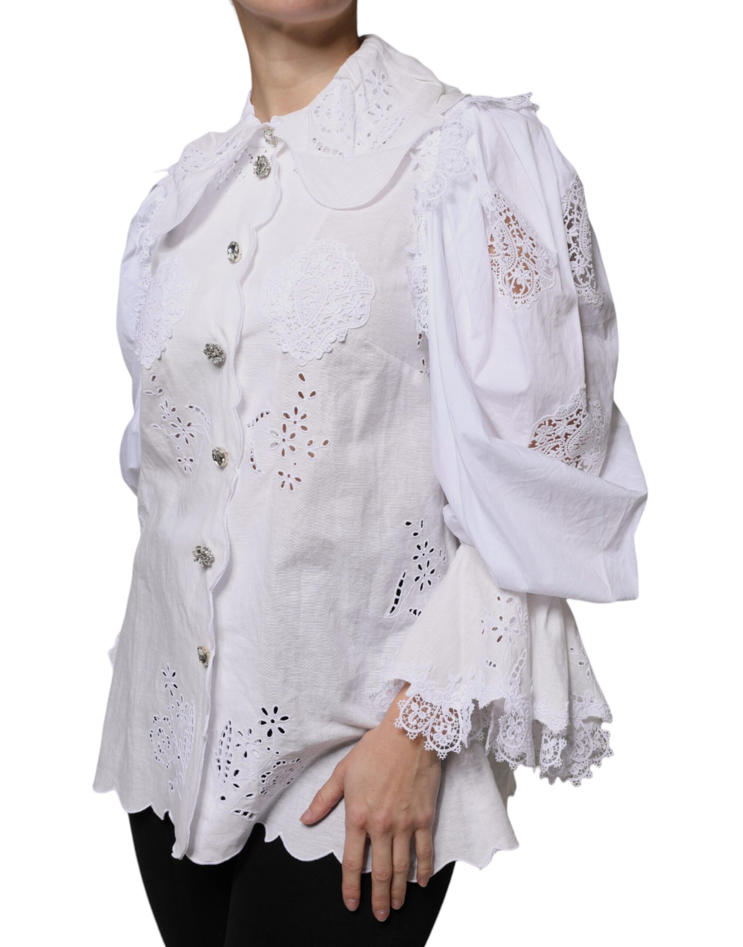 Dolce & Gabbana White Cotton Lace Trim Collared Blouse Top IT40 | S