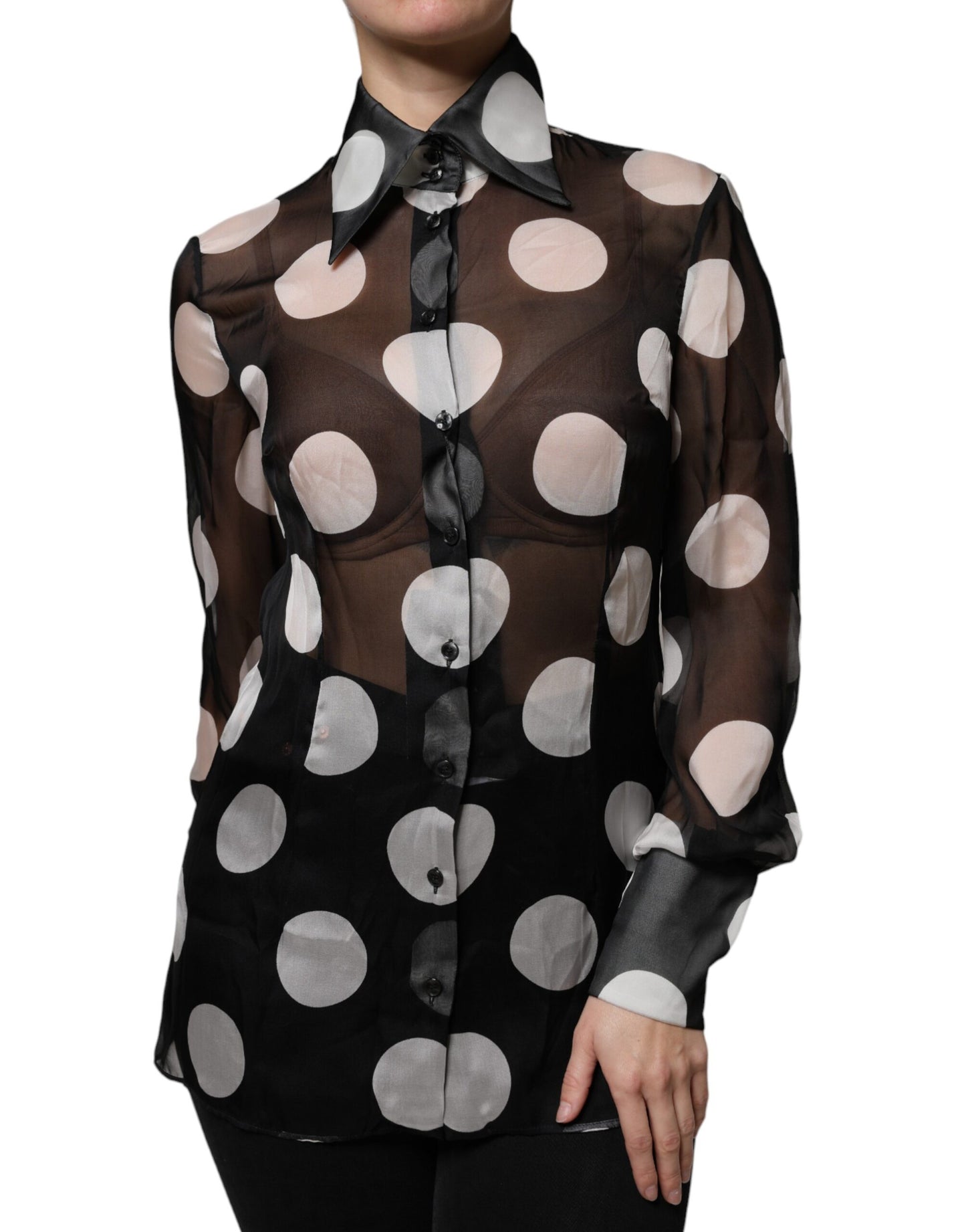 Dolce & Gabbana Black White Polka Dots Silk Long Sleeves Top IT42 / M