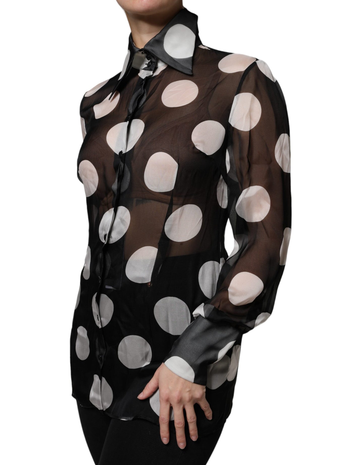 Dolce & Gabbana Black White Polka Dots Silk Long Sleeves Top IT42 / M