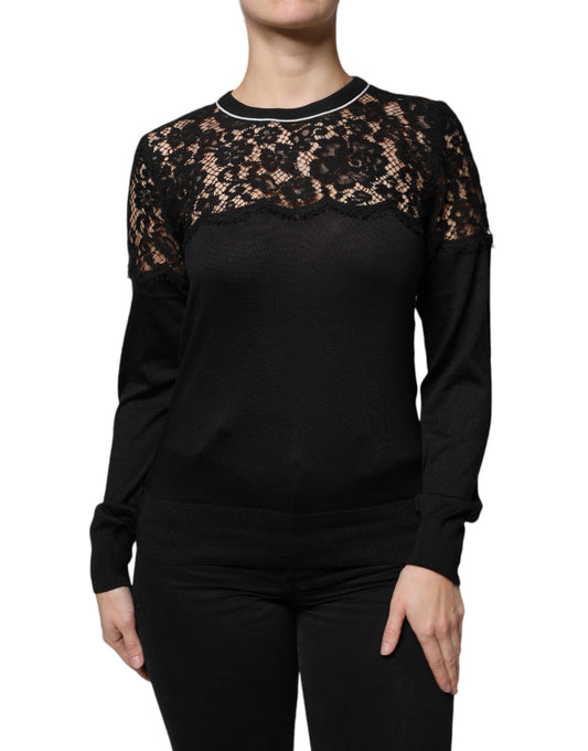 Dolce & Gabbana Black Floral Lace Silk Pullover Blouse Top IT42 / M