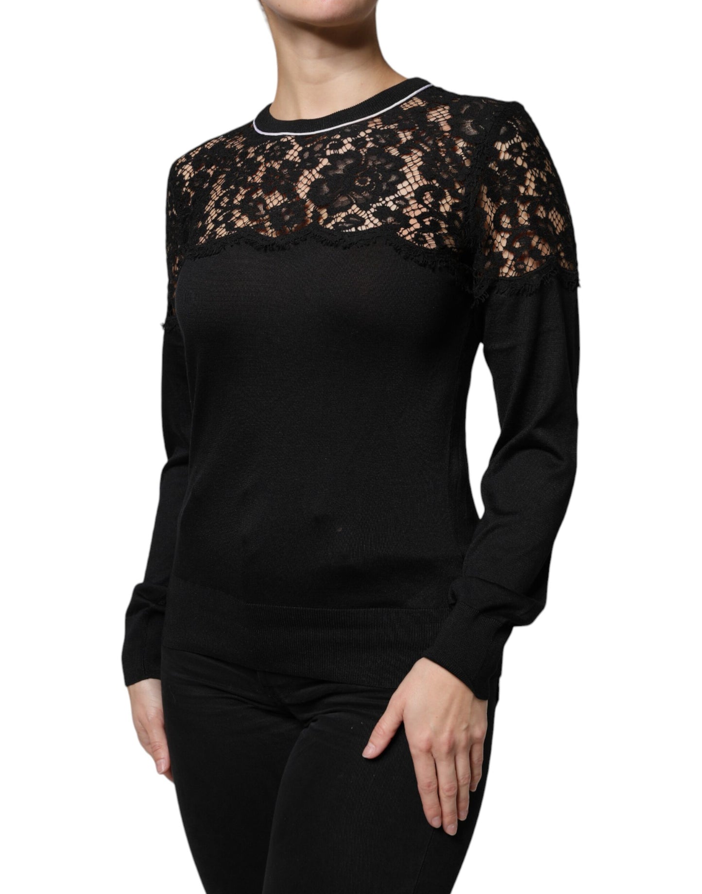 Dolce & Gabbana Black Floral Lace Silk Pullover Blouse Top IT42 / M