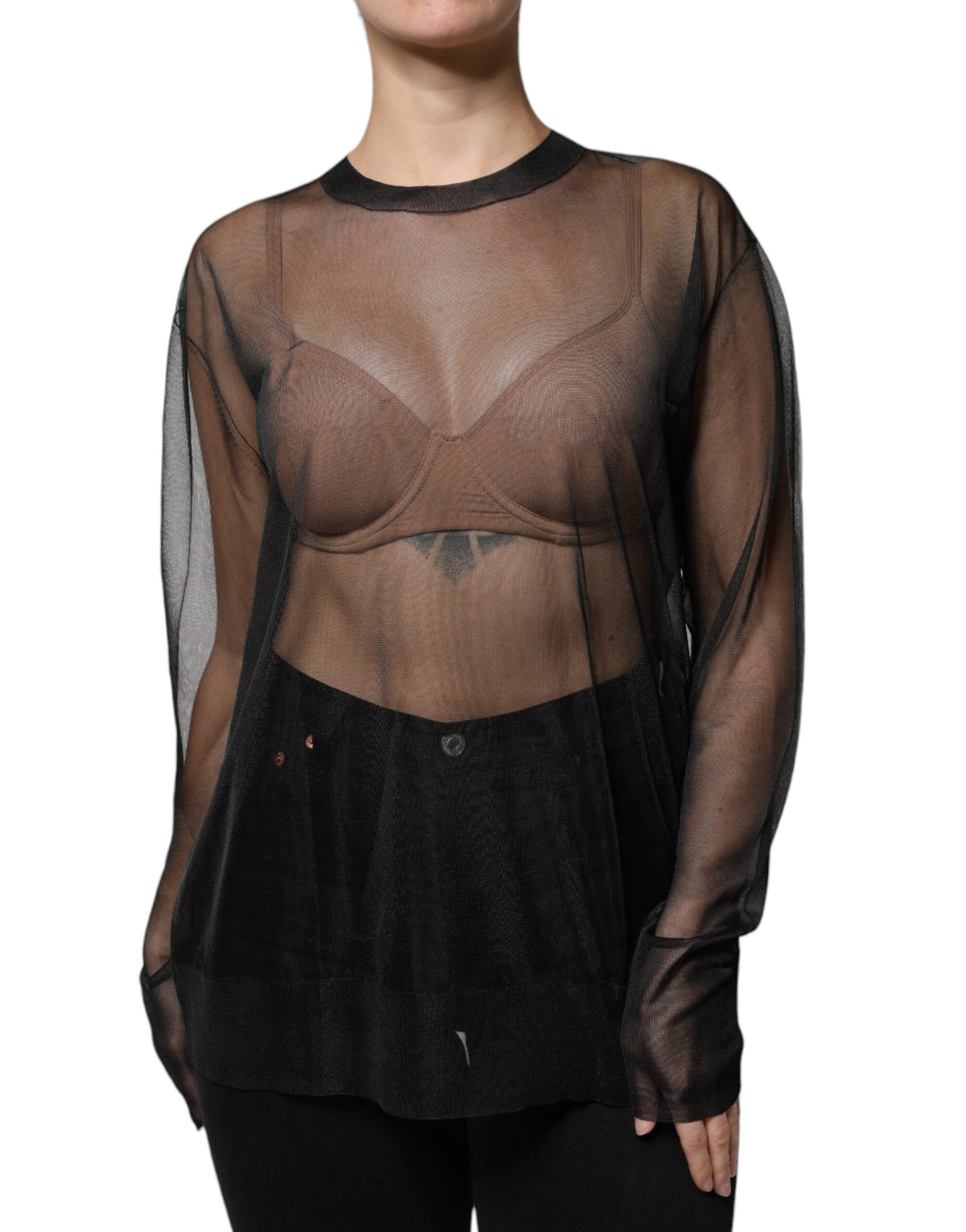 Dolce & Gabbana Black Sheer Long Sleeves Crewneck Blouse Top IT38 / XS