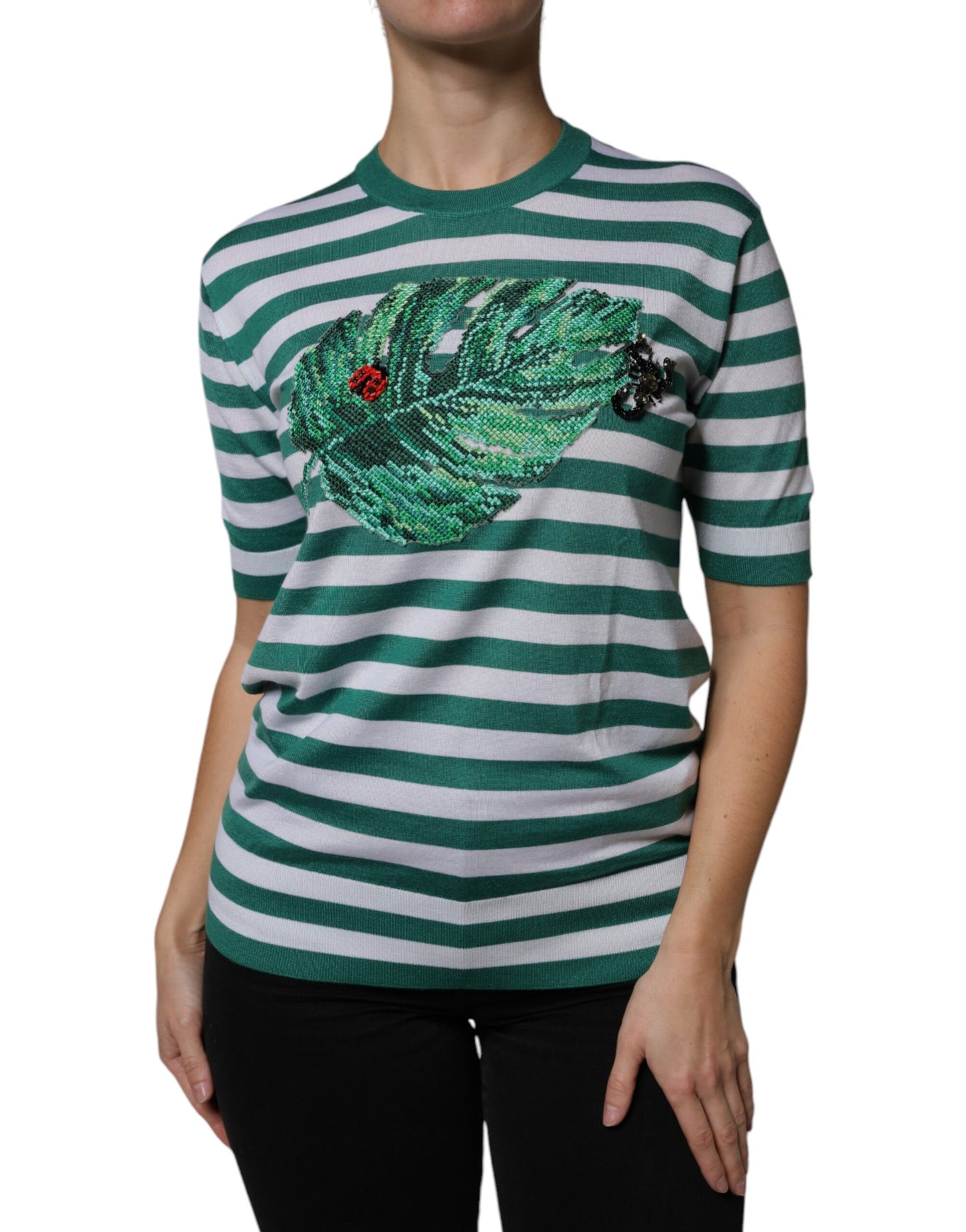 Dolce & Gabbana White Green Stripe Leaf Crew Neck T-shirt IT36 / XS