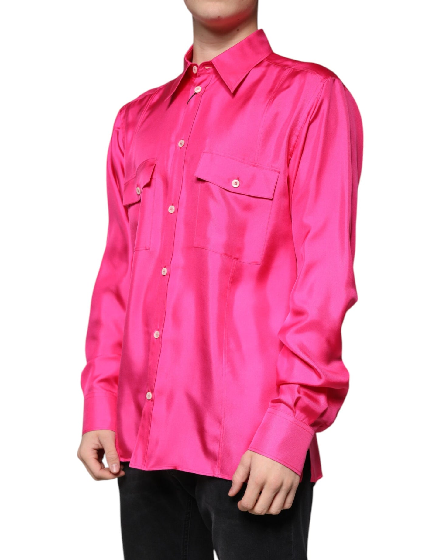 Dolce & Gabbana Pink Silk Collared Button Down Men Shirt