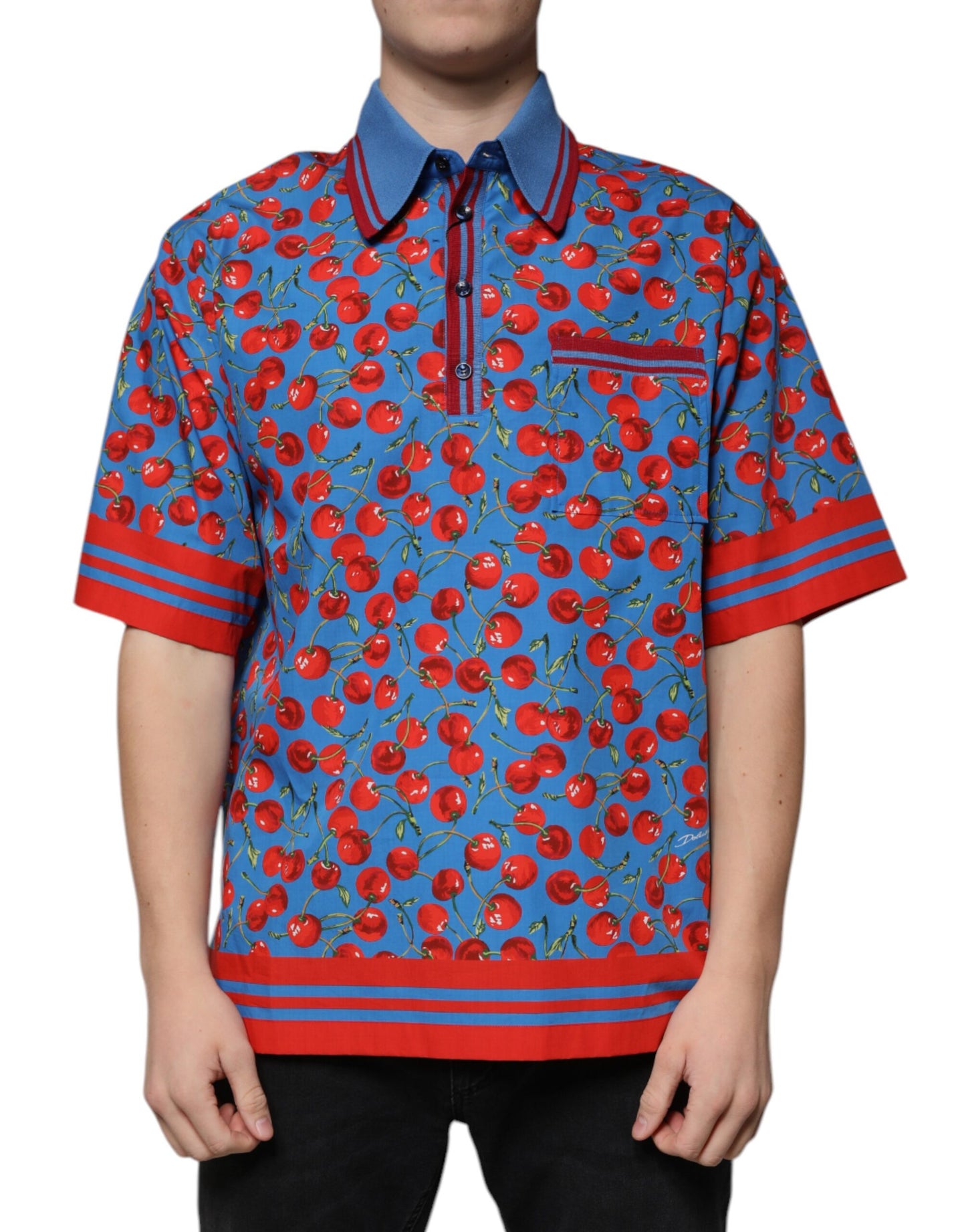 Dolce & Gabbana Blue Cherry Cotton Collared Men Polo T-shirt