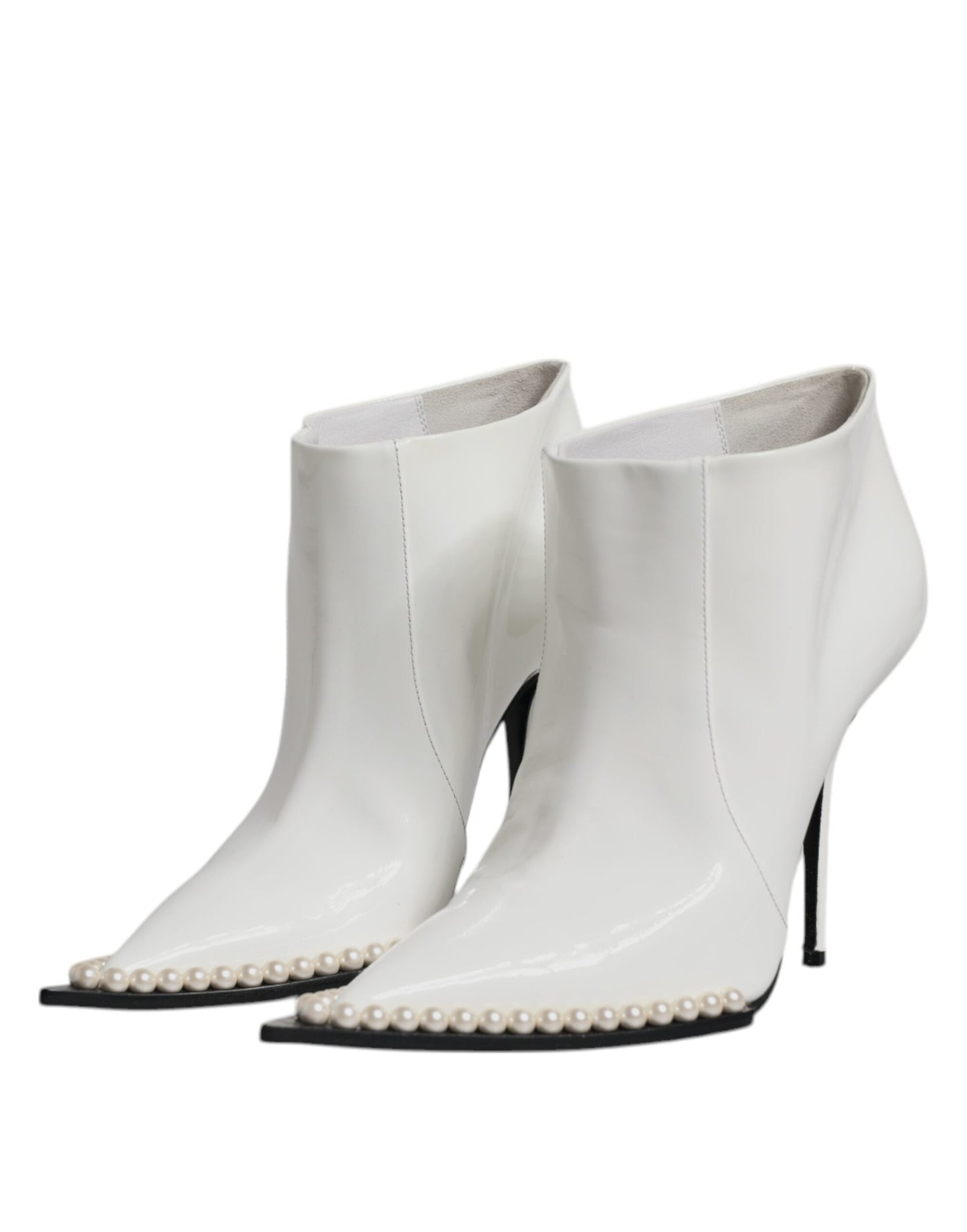 Dolce & Gabbana White Faux Pearl Leather Pointed Toe Ankle Boot Shoes