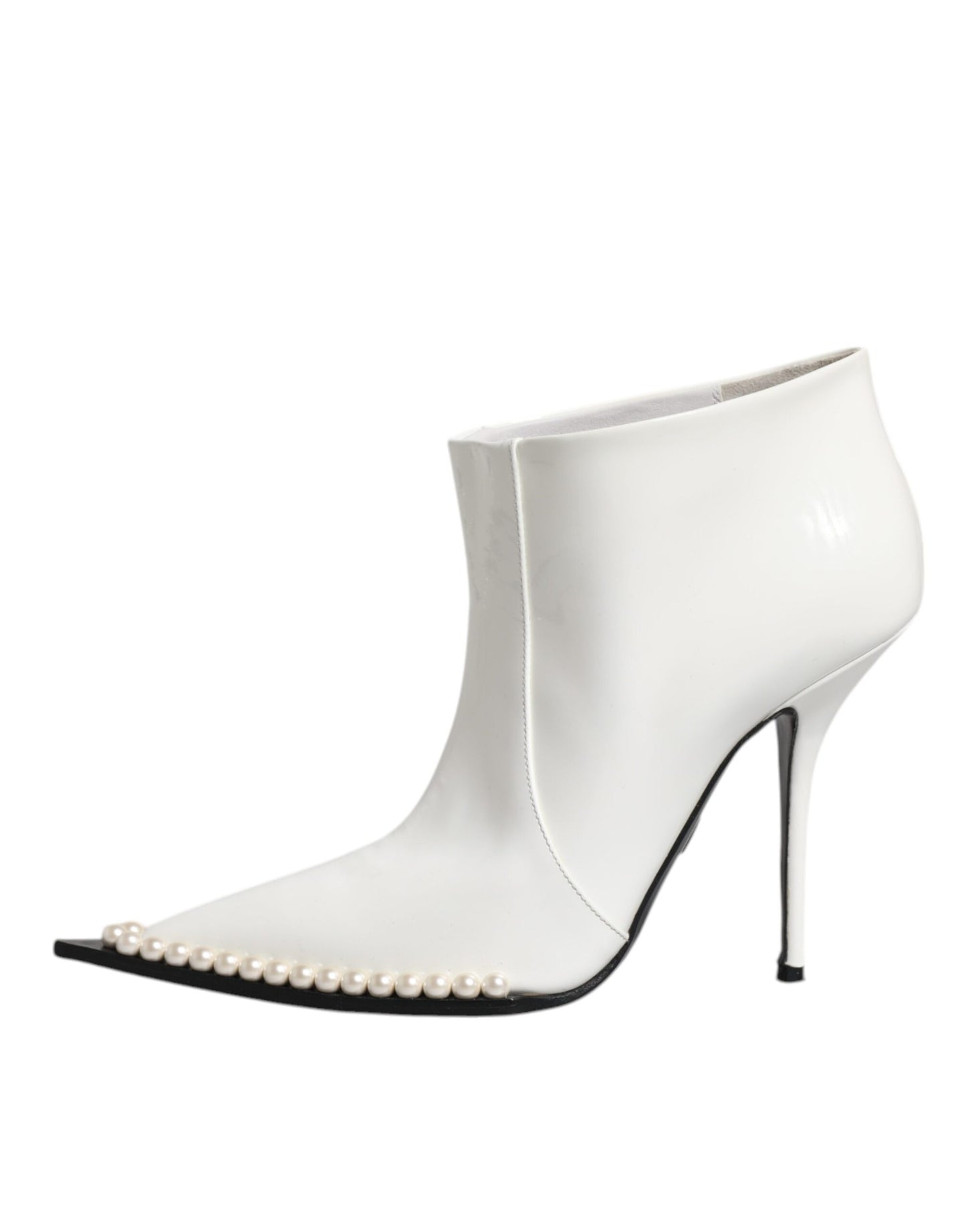 Dolce & Gabbana White Faux Pearl Leather Pointed Toe Ankle Boot Shoes