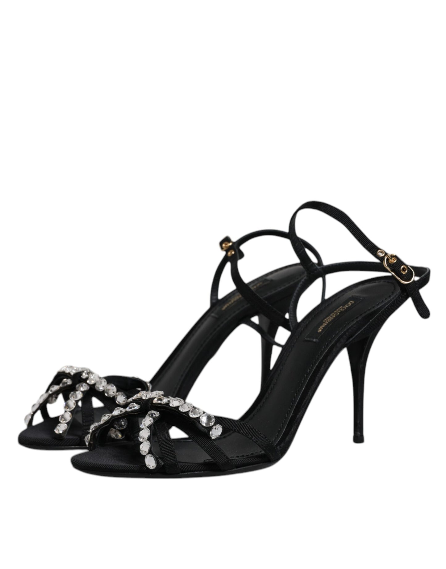 Dolce & Gabbana Black Leather Crystal Bow KEIRA Sandals Shoes