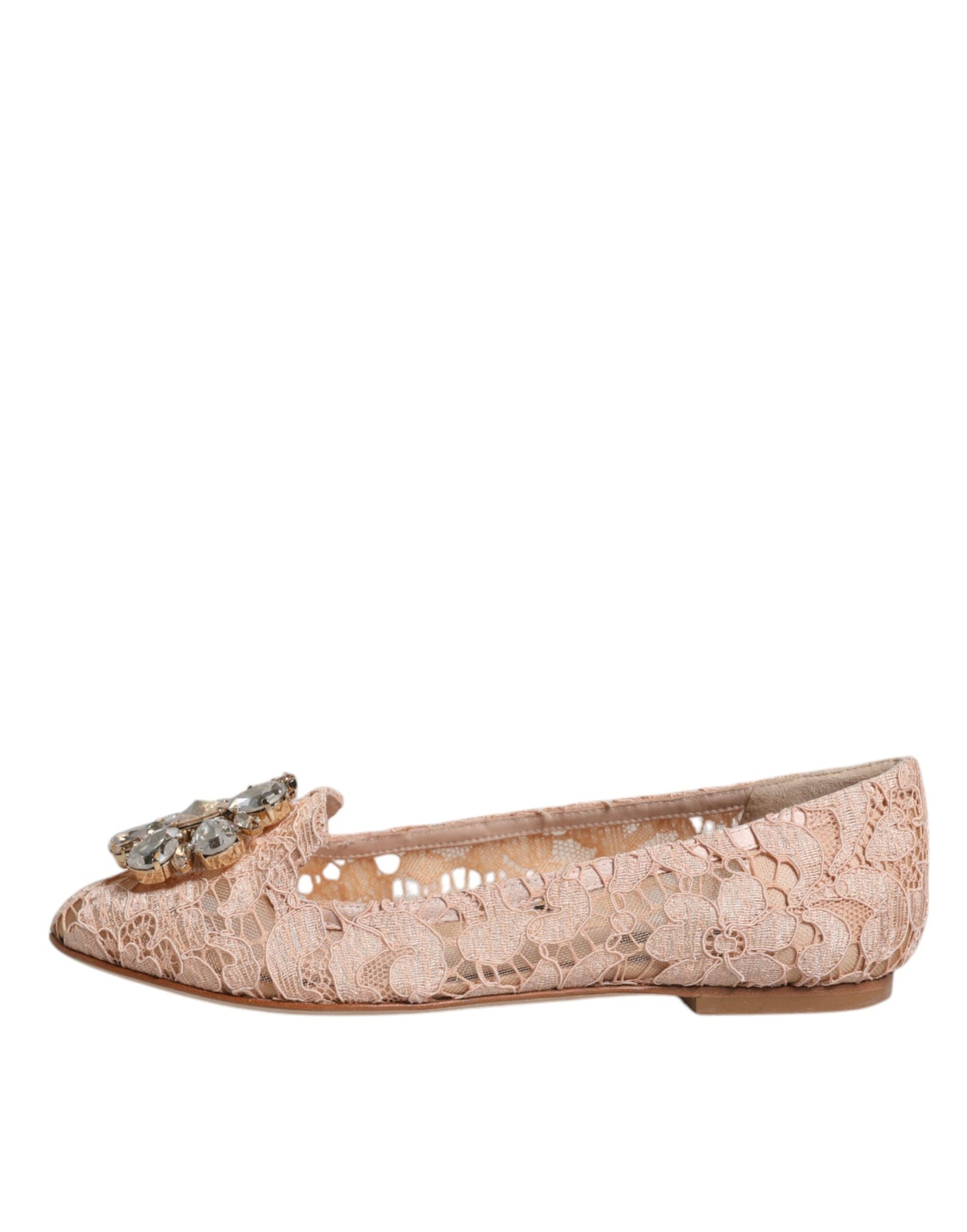 Dolce & Gabbana Beige Lace Crystal Ballet Flats Loafers Shoes