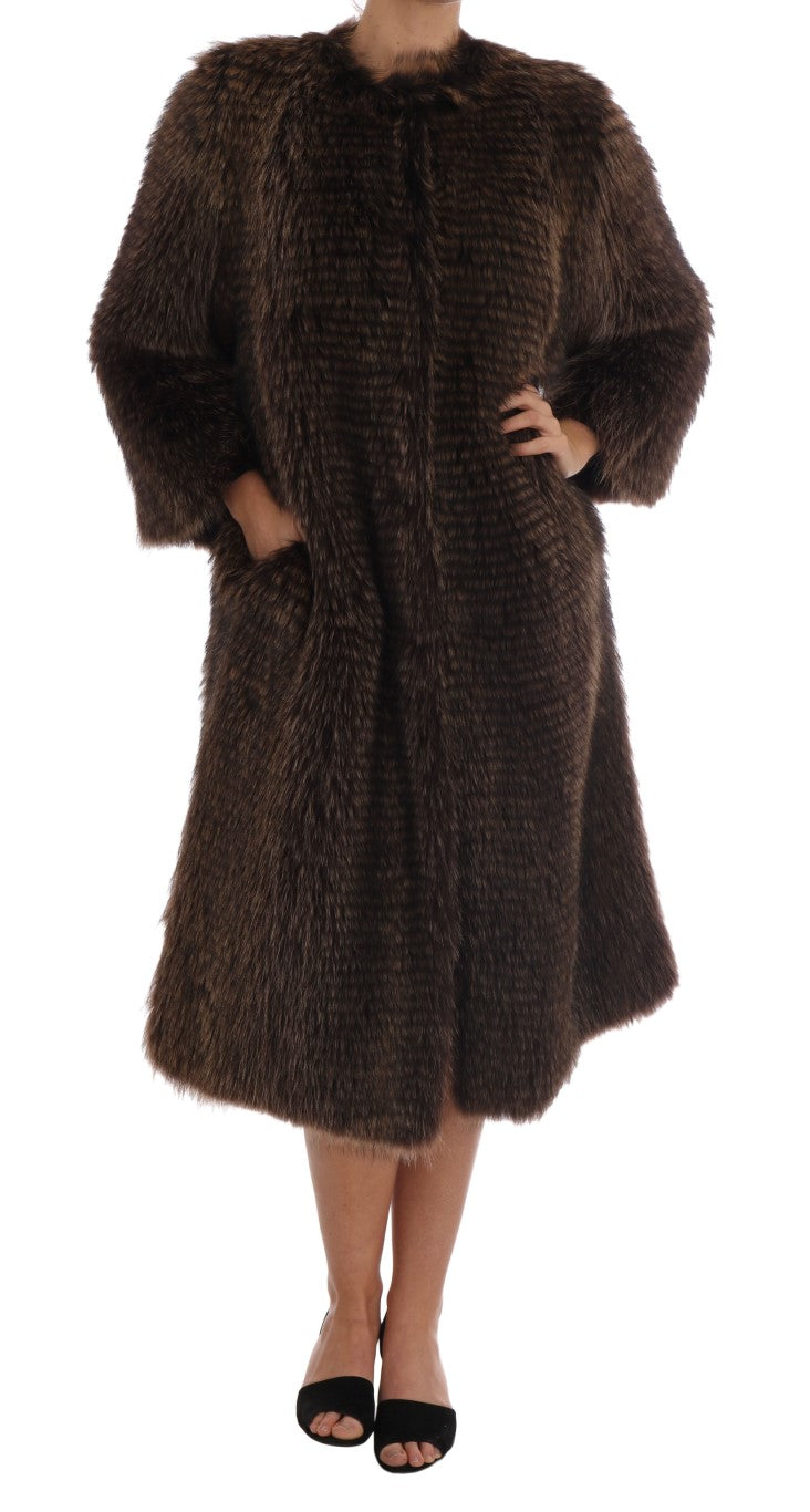 Dolce & Gabbana Elegant Brown Raccoon Fur Knee-Length Coat IT40 | S