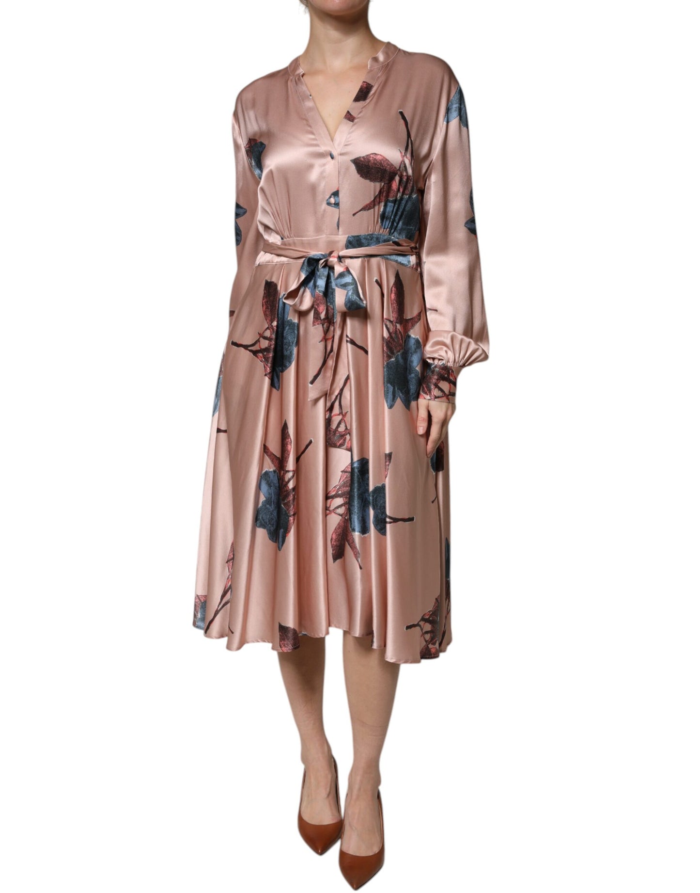 L'Autre Chose Pink Satin Floral Long Sleeves A-line Midi Dress