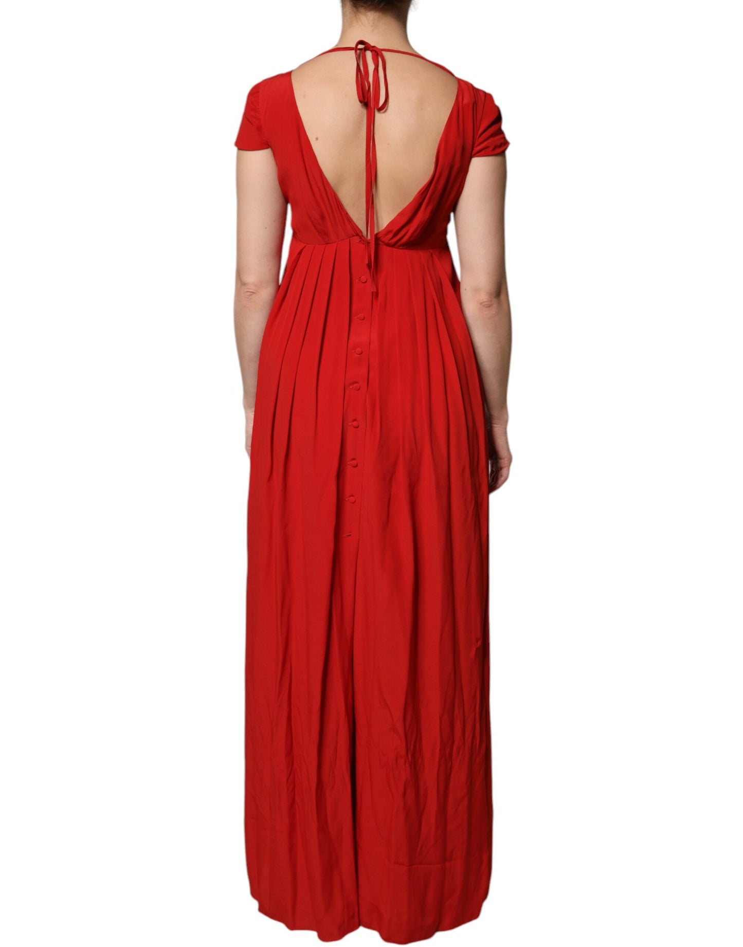 Dondup Red Acetate Short Sleeves Plunging Neckline Maxi Dress