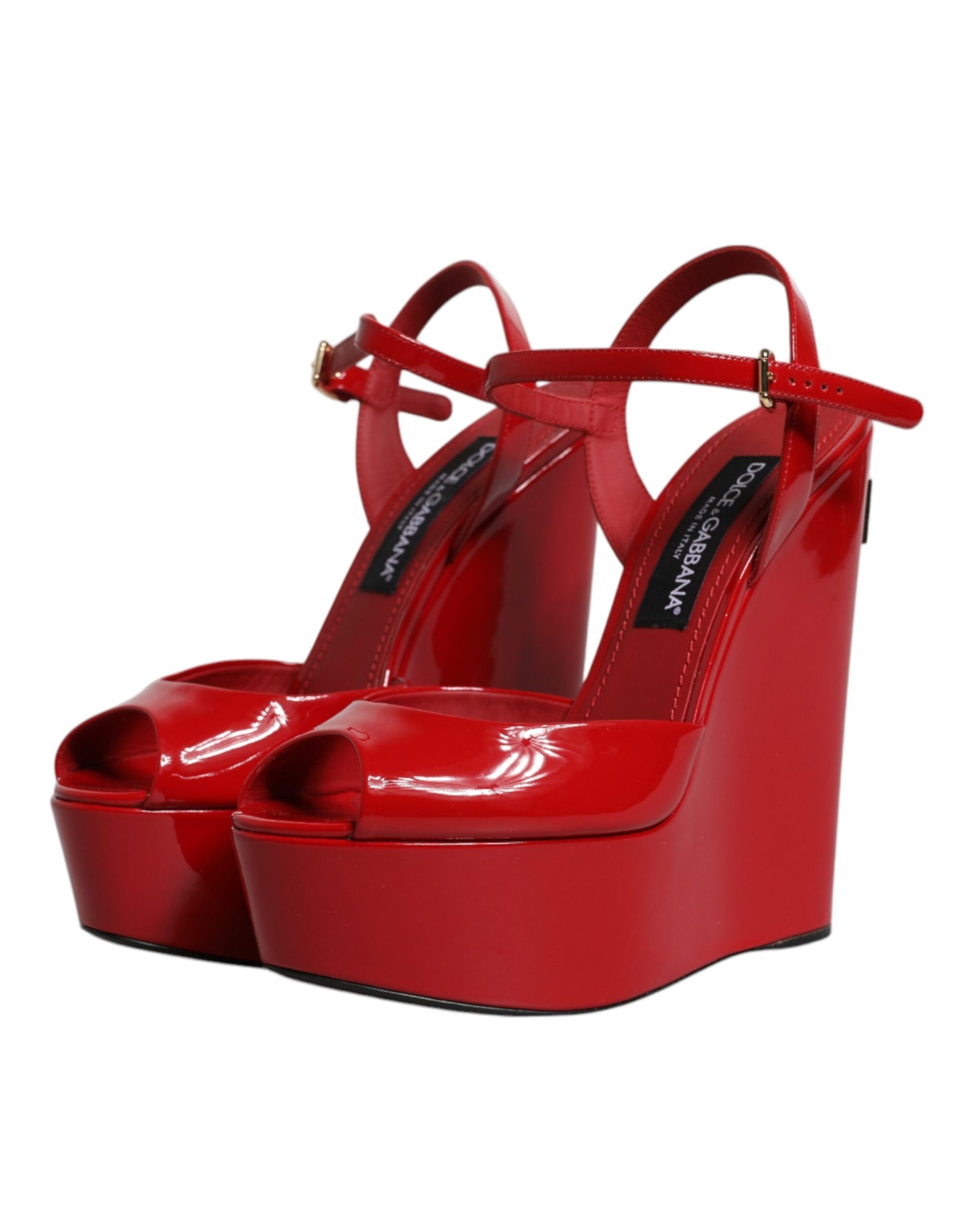 Dolce & Gabbana Red Patent Leather Wedges Heels Sandals Shoes