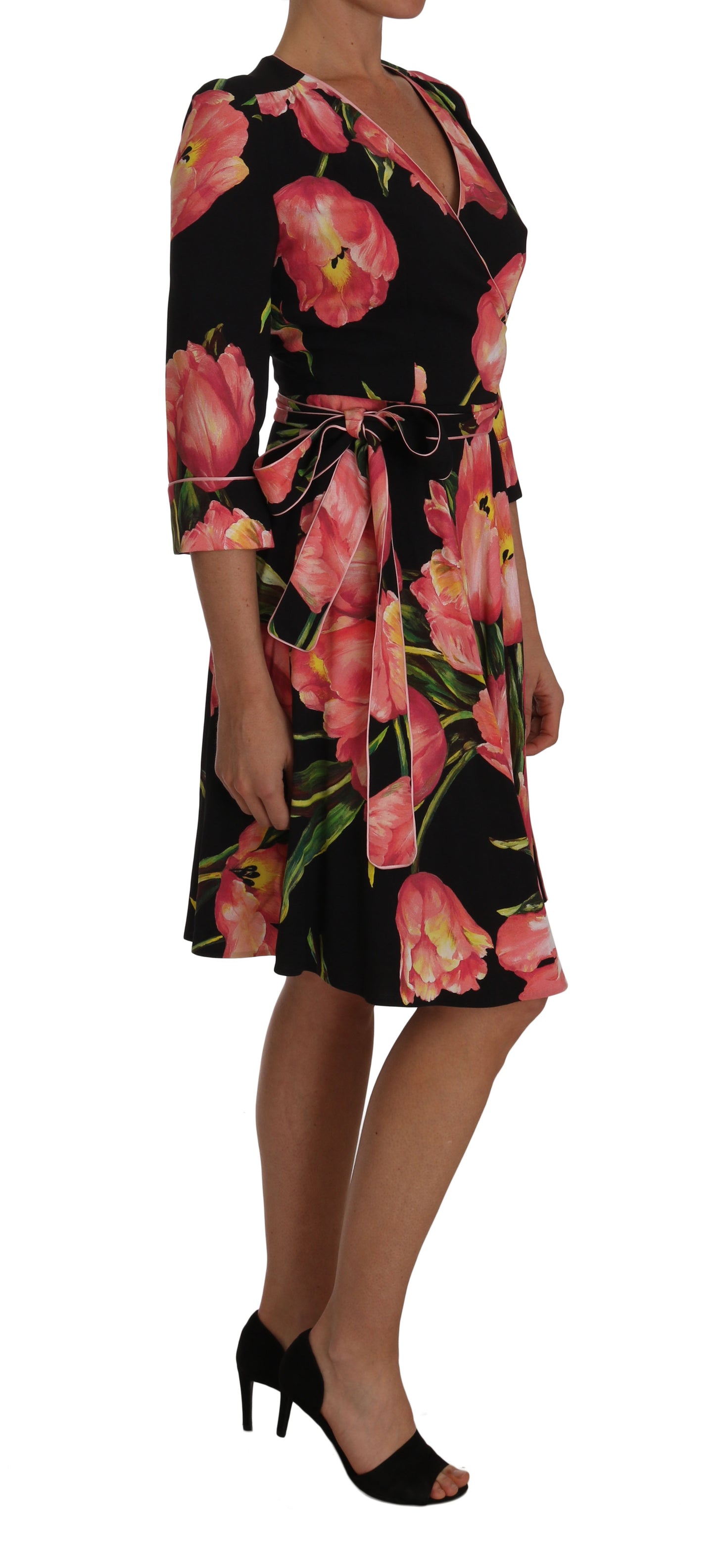 Dolce & Gabbana Elegant Black Shift Dress with Pink Tulips Print IT38 | XS