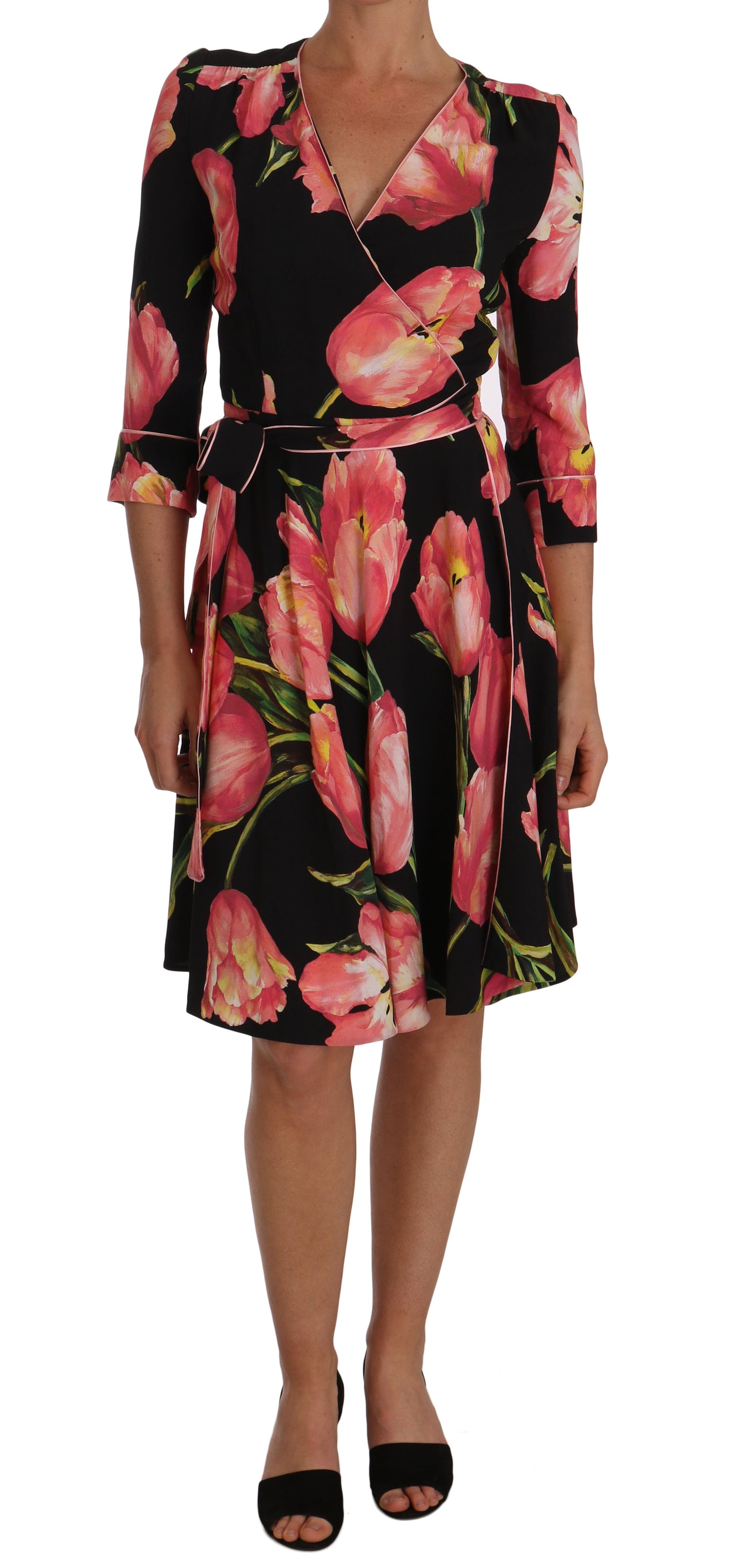 Dolce & Gabbana Elegant Black Shift Dress with Pink Tulips Print IT38 | XS