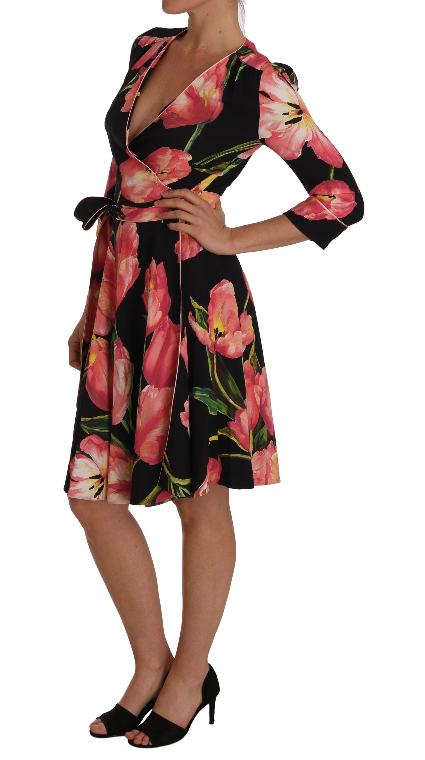 Dolce & Gabbana Elegant Black Shift Dress with Pink Tulips Print IT38 | XS