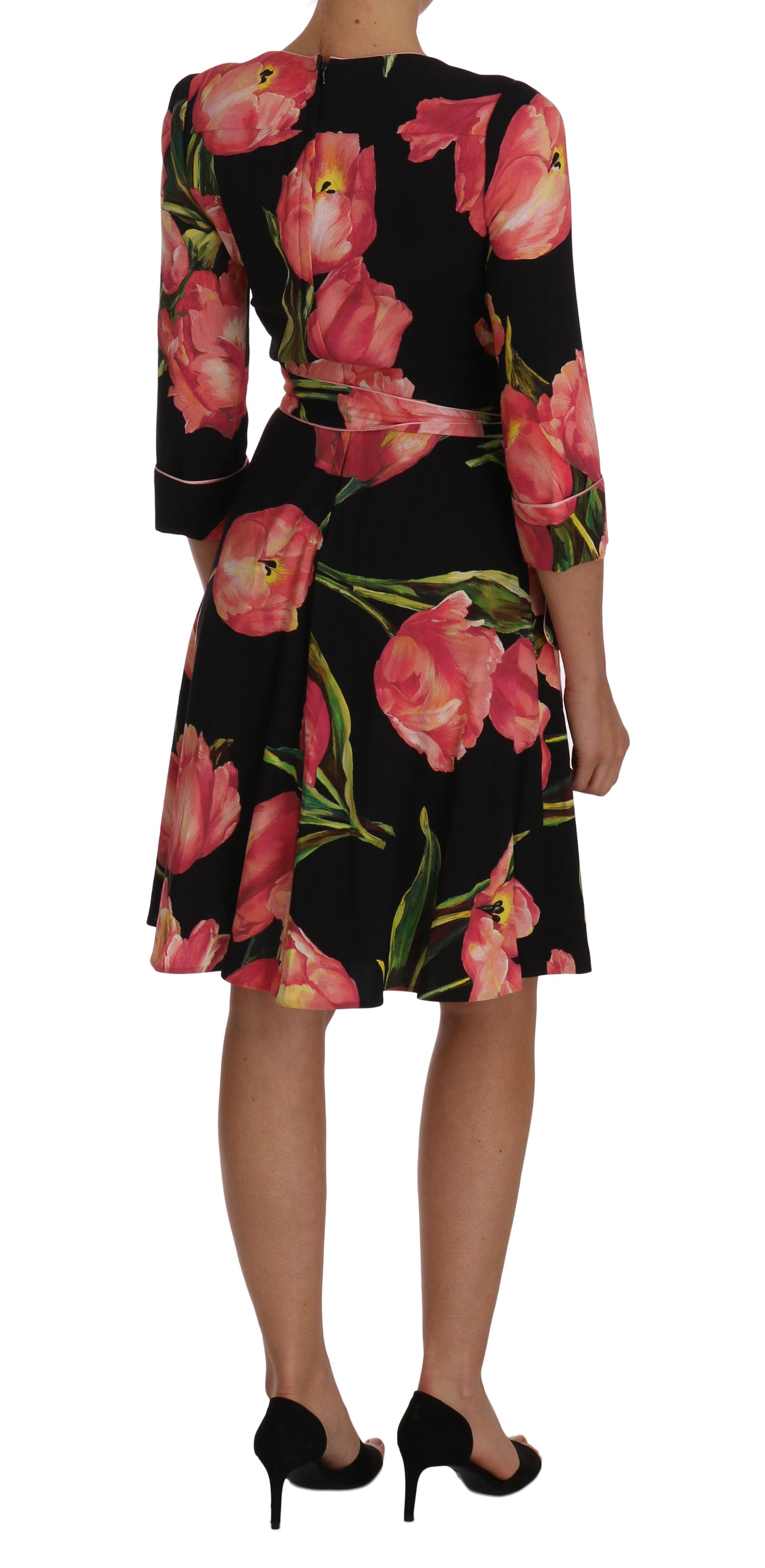 Dolce & Gabbana Elegant Black Shift Dress with Pink Tulips Print IT38 | XS