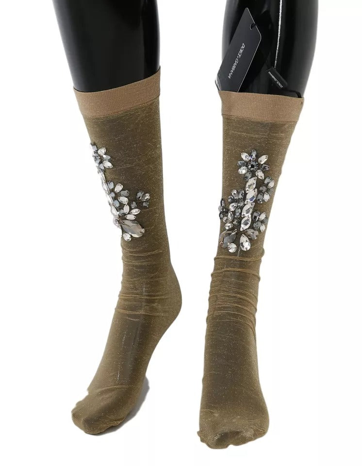 Dolce & Gabbana Gold Stretch Floral Clear Crystal Stocking Socks