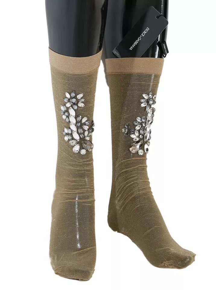 Dolce & Gabbana Gold Stretch Floral Clear Crystal Stocking Socks