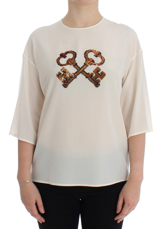 Dolce & Gabbana Ivory Sequined Silk Blouse Top IT36 / XS