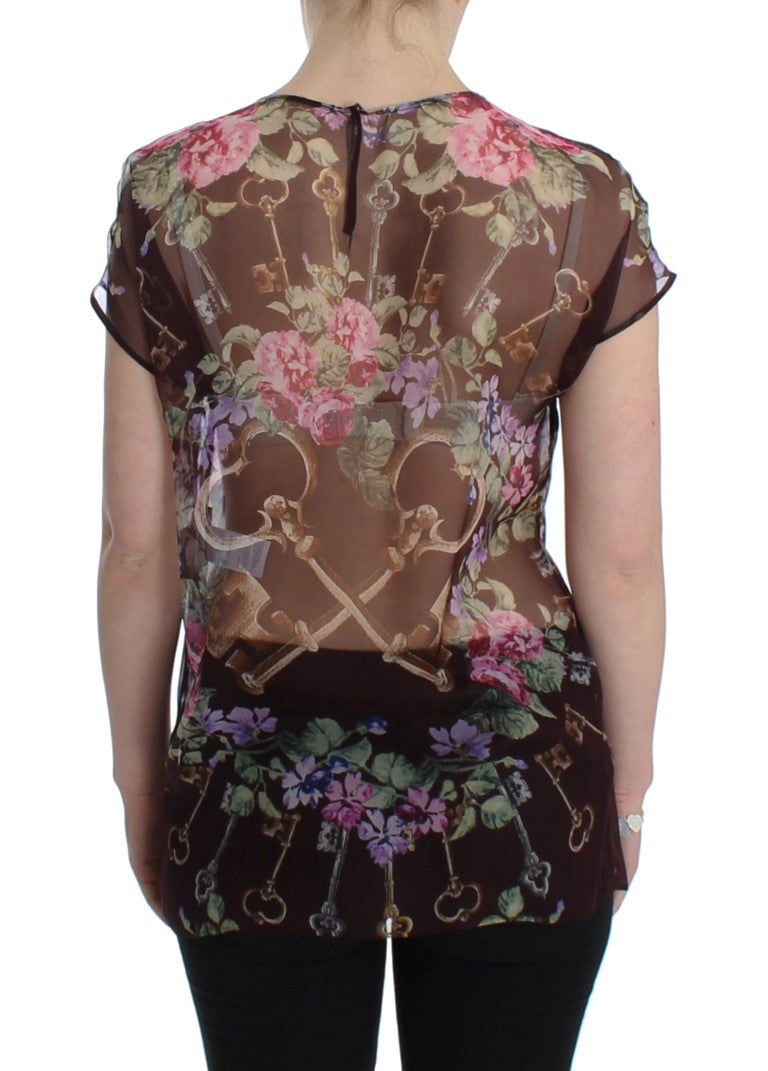 Dolce & Gabbana Elegant Floral Silk Blouse with Cap Sleeves