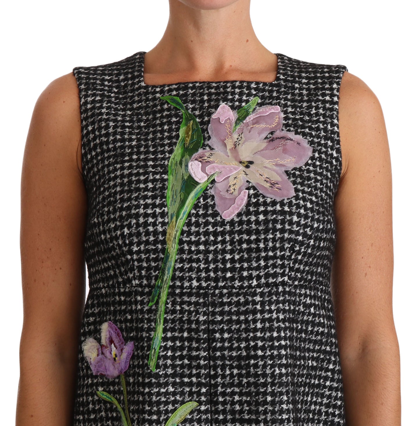 Dolce & Gabbana Houndstooth Floral Appliqué Shift Dress IT40 | S