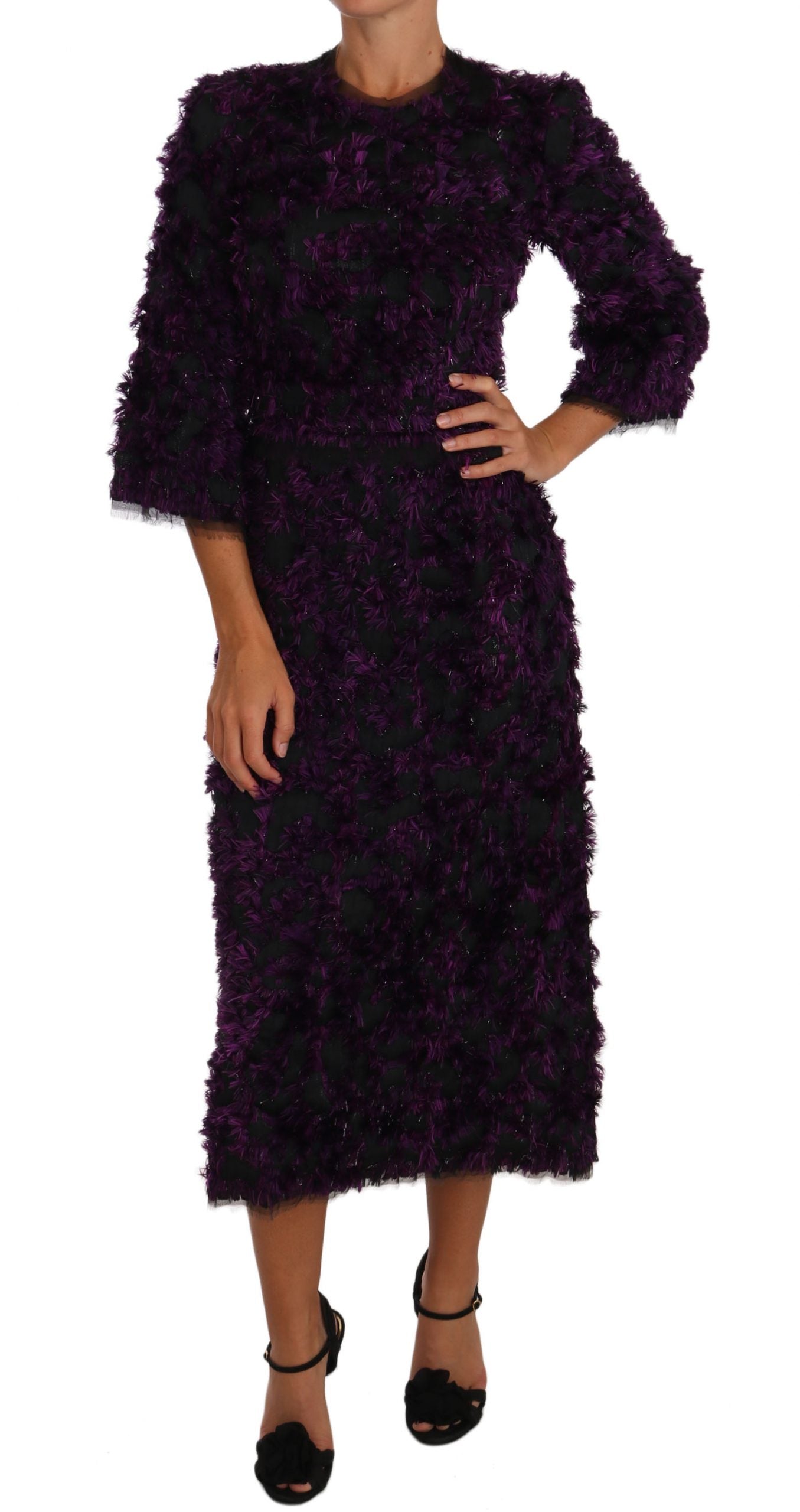 Dolce & Gabbana Elegant Fringe Sheath Dress in Purple & Black IT40 | S