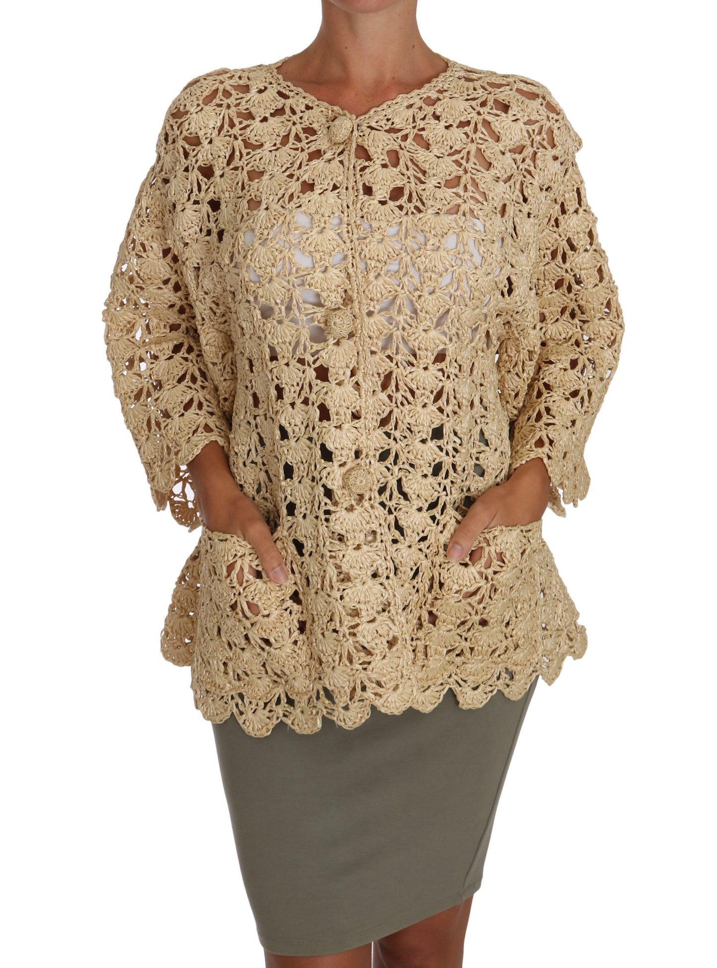 Dolce & Gabbana Chic Beige Crochet Raffia Cardigan IT40 / S