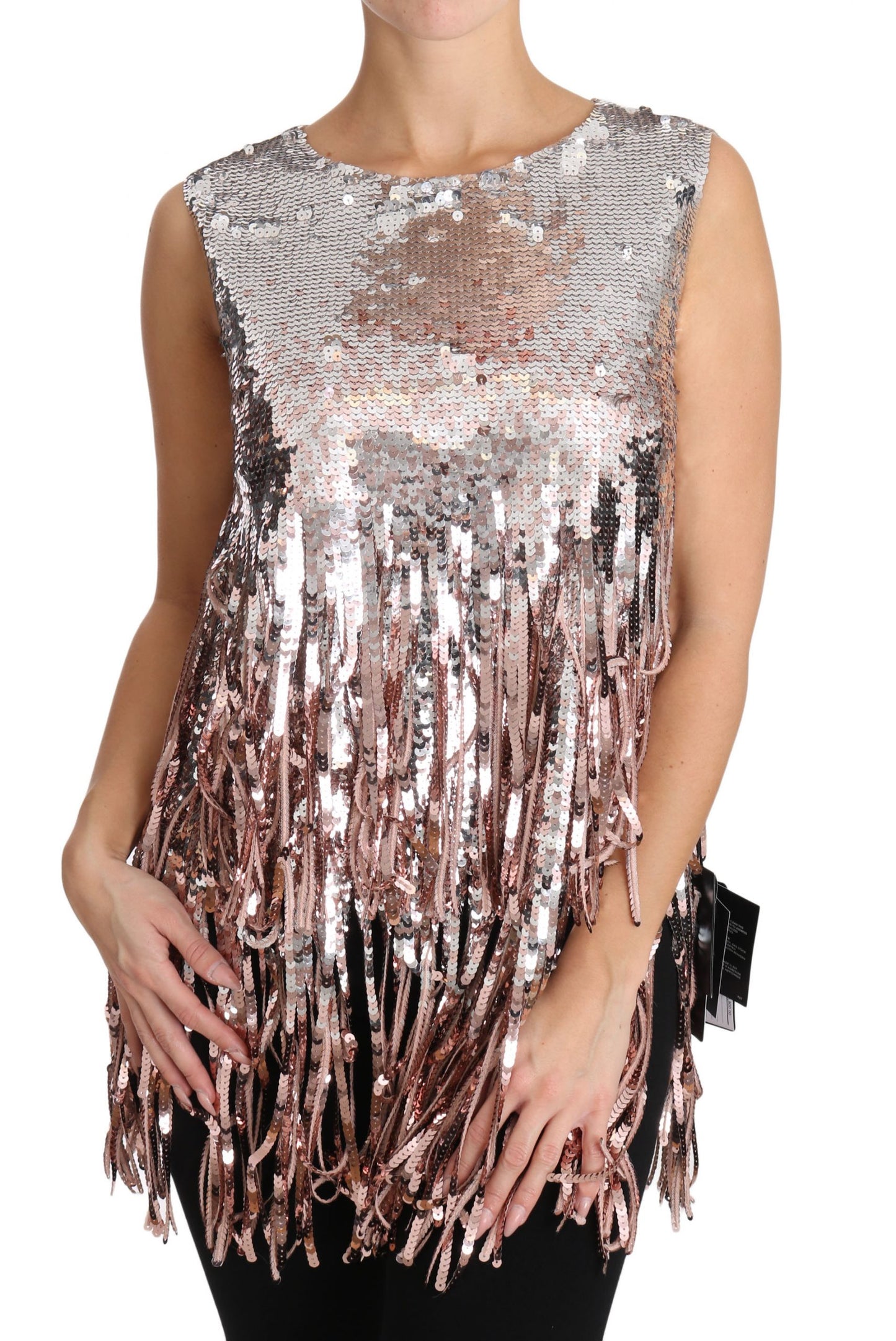 Dolce & Gabbana Golden Pink Sequined Fringe Elegance Top IT48 / XXL