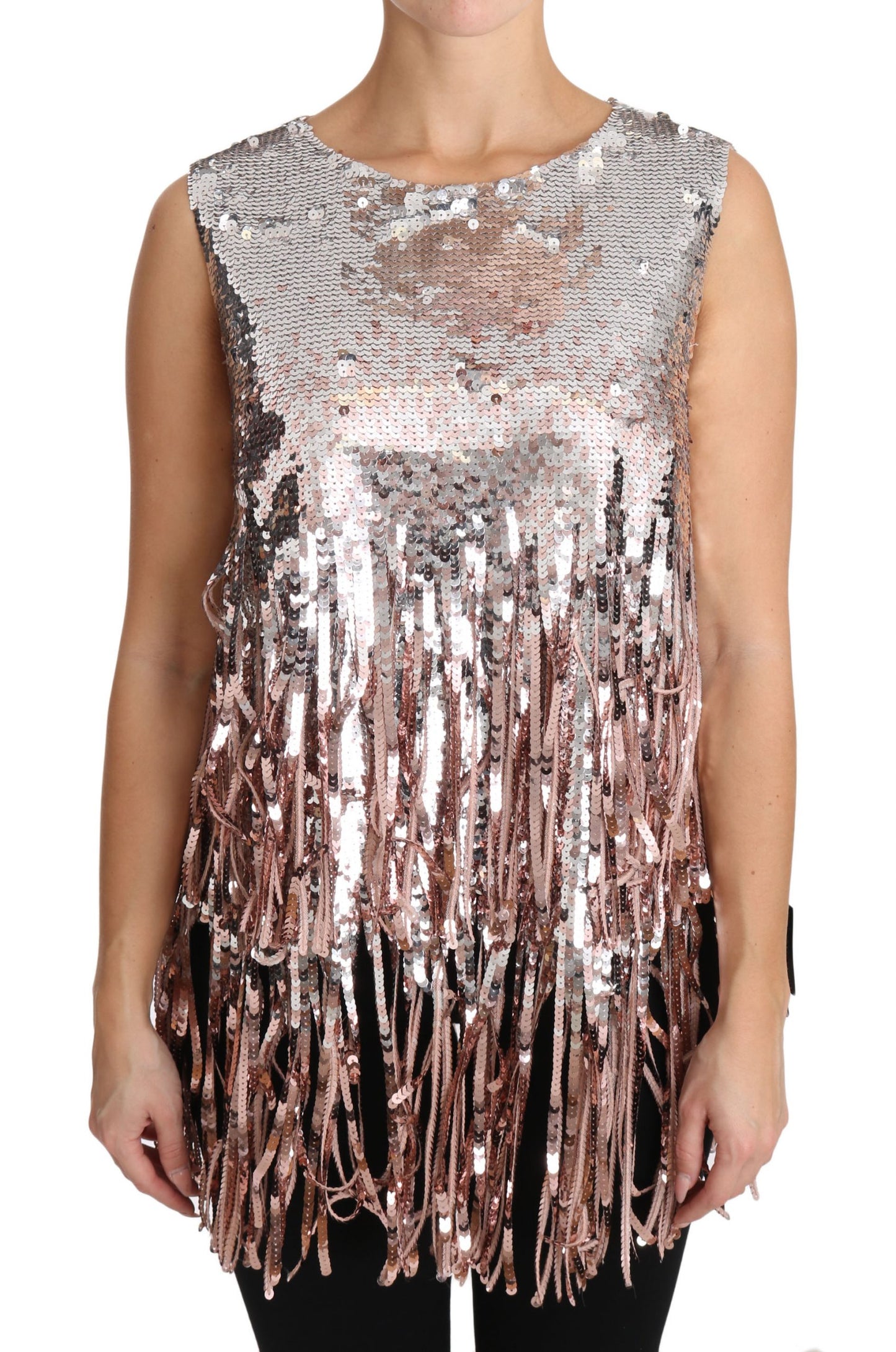 Dolce & Gabbana Golden Pink Sequined Fringe Elegance Top IT48 / XXL