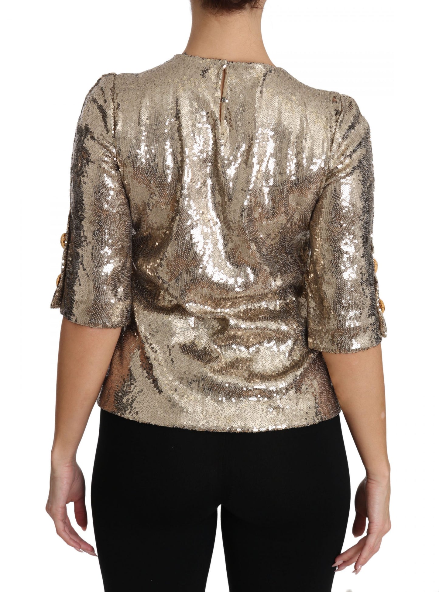 Dolce & Gabbana Gold Parrot Motif Crewneck Blouse with Crystals IT36 / XS