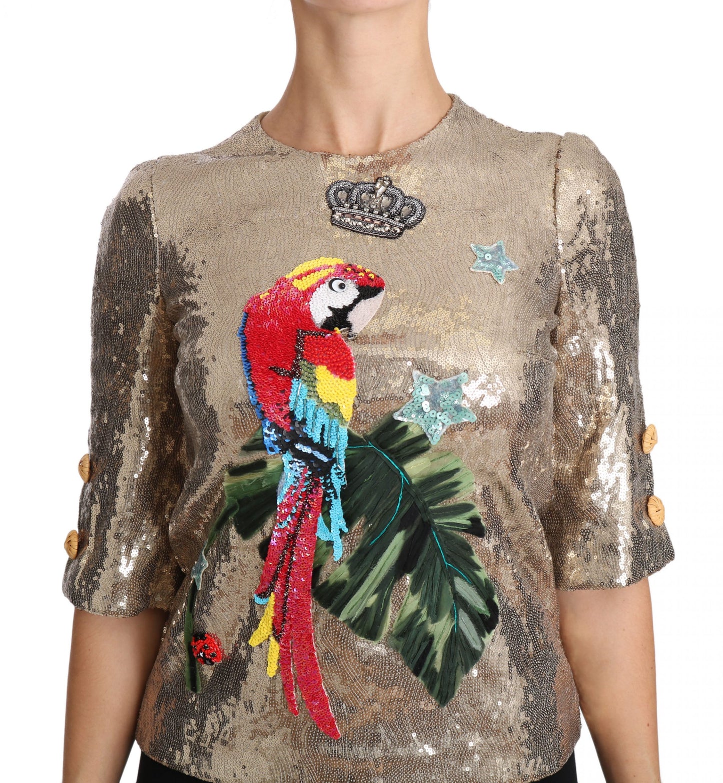 Dolce & Gabbana Gold Parrot Motif Crewneck Blouse with Crystals IT36 / XS