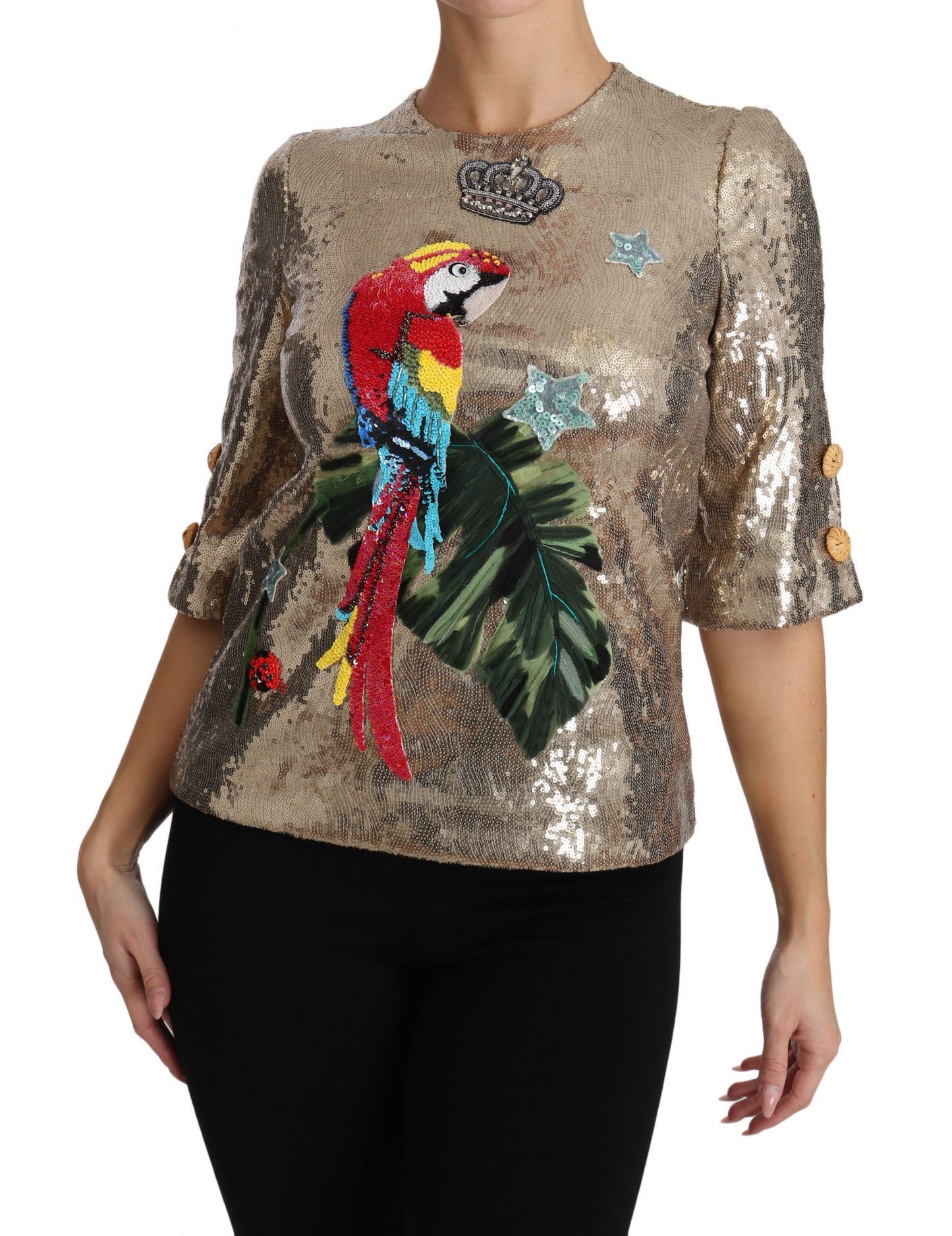 Dolce & Gabbana Gold Parrot Motif Crewneck Blouse with Crystals IT36 / XS