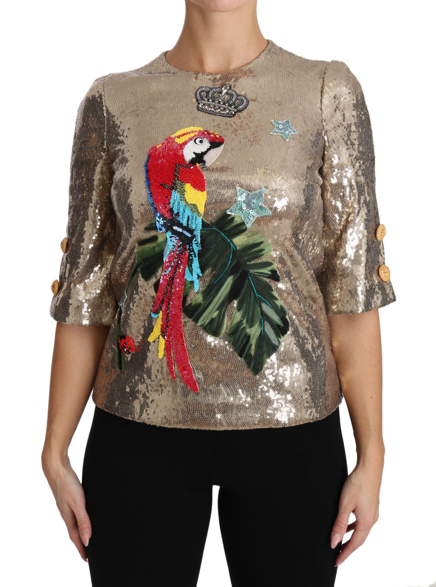 Dolce & Gabbana Gold Parrot Motif Crewneck Blouse with Crystals IT36 / XS