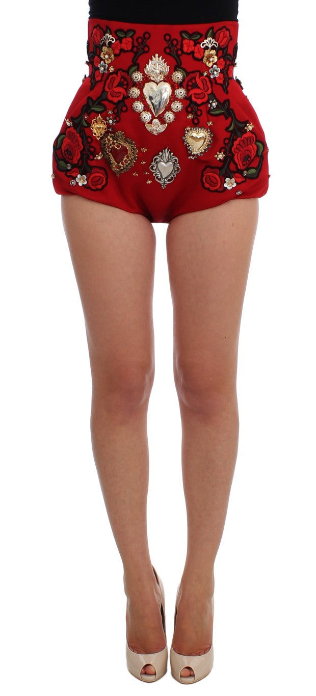 Dolce & Gabbana Red Silk Crystal-Embellished Mini Shorts IT42 | M